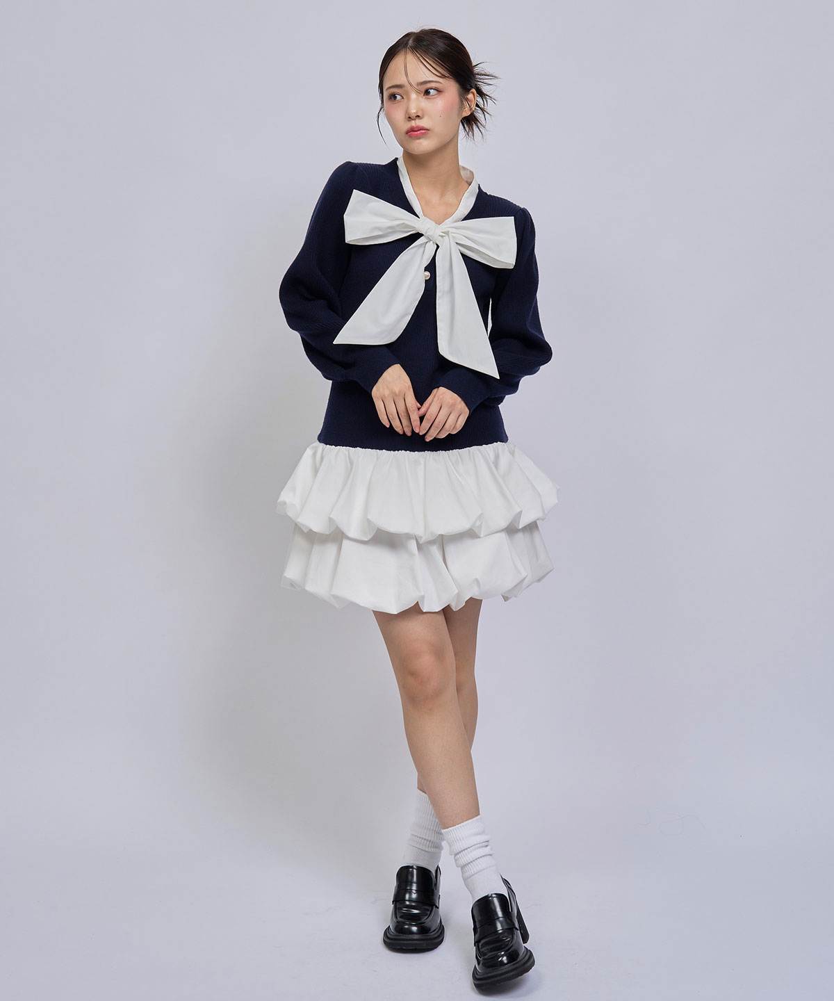 【=LOVE 大場花菜さん着用】ビッグリボンティアードニットシャツミニワンピース