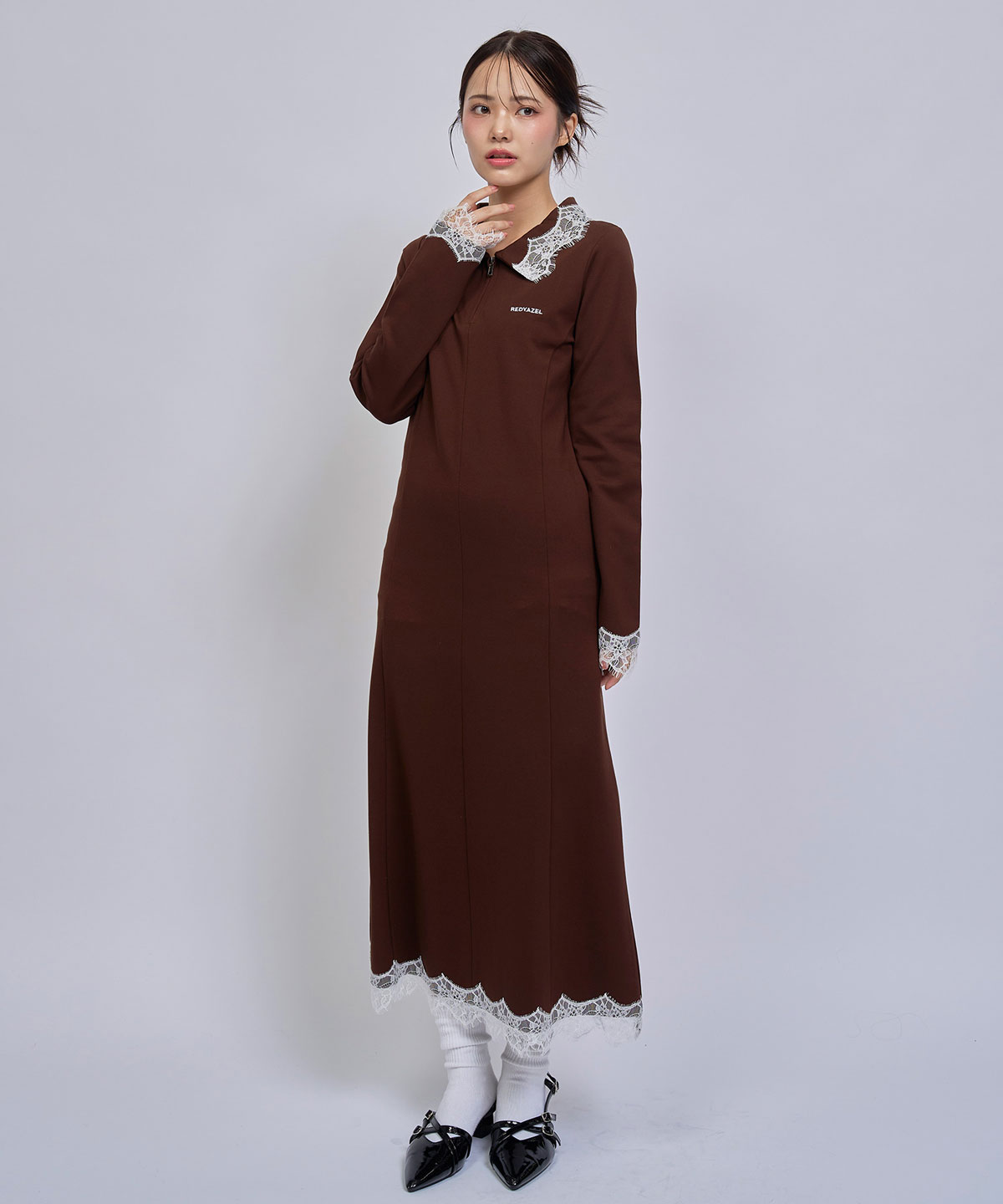 レーストリムハーフZIPポロカットロングワンピース