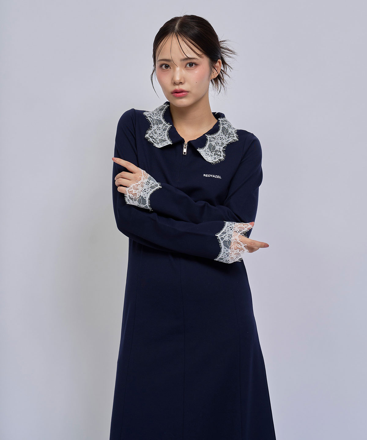 レーストリムハーフZIPポロカットロングワンピース