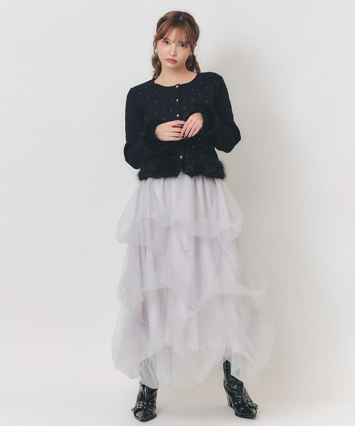 ホットフィットビジューミニケーブルファーニットカーディガン