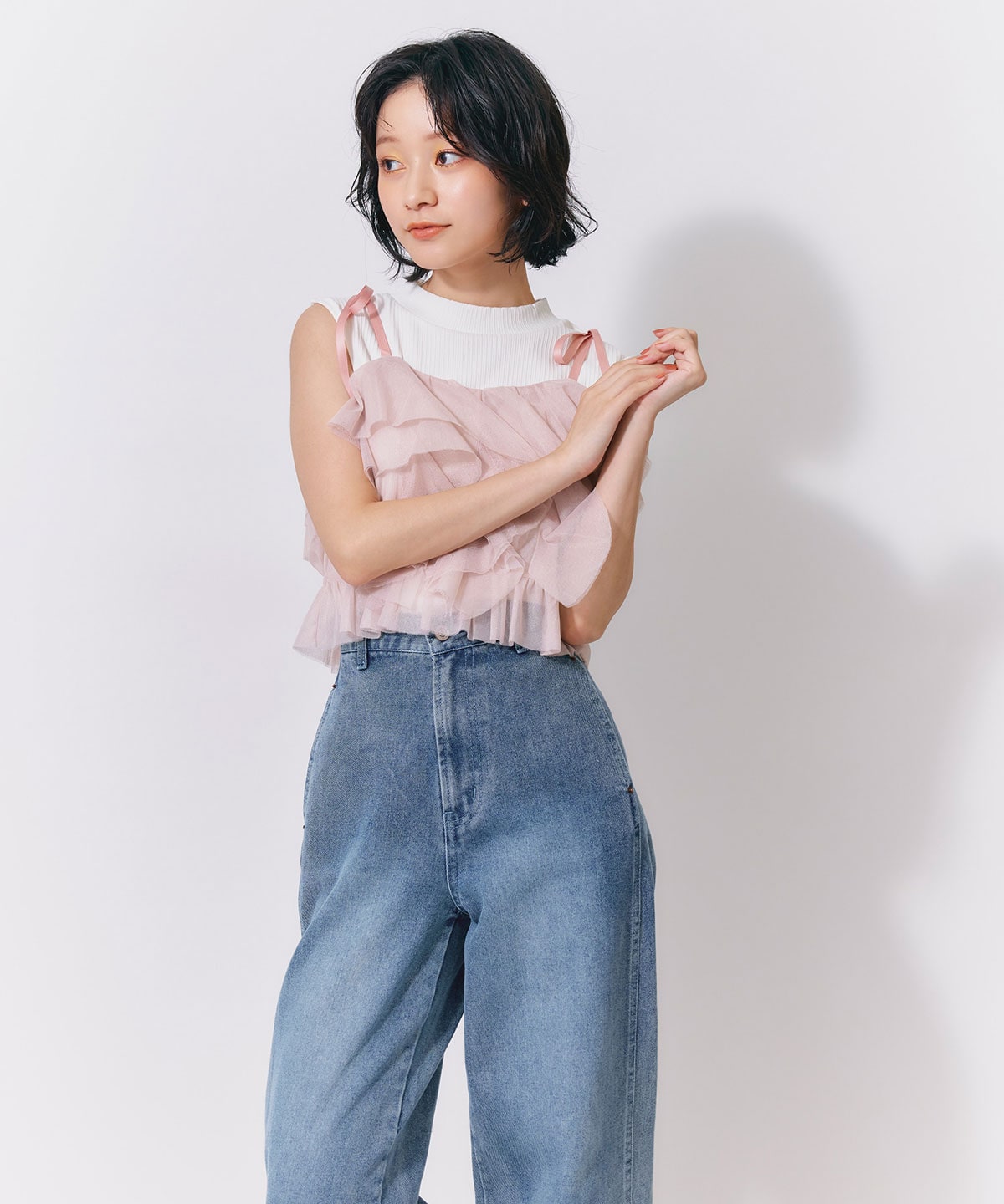 ショルダーリボンビスチェ×ノースリーブニット