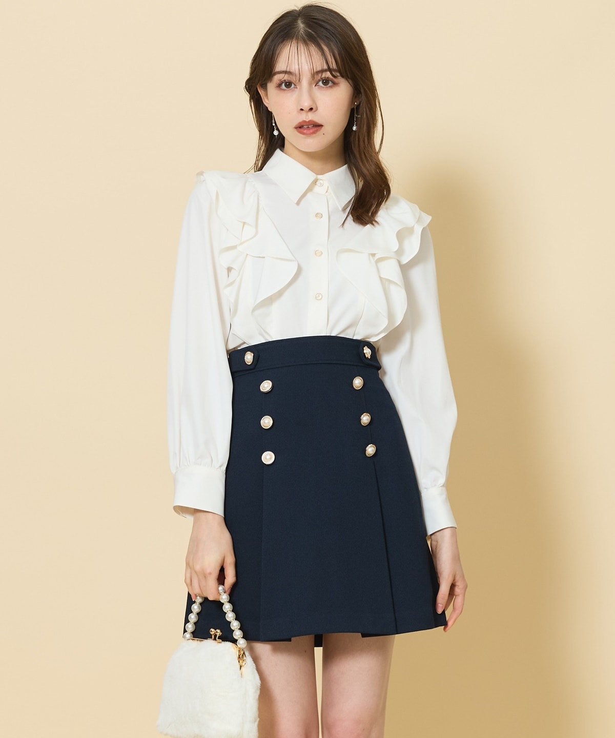 パールボタンデザインタックミニスカート