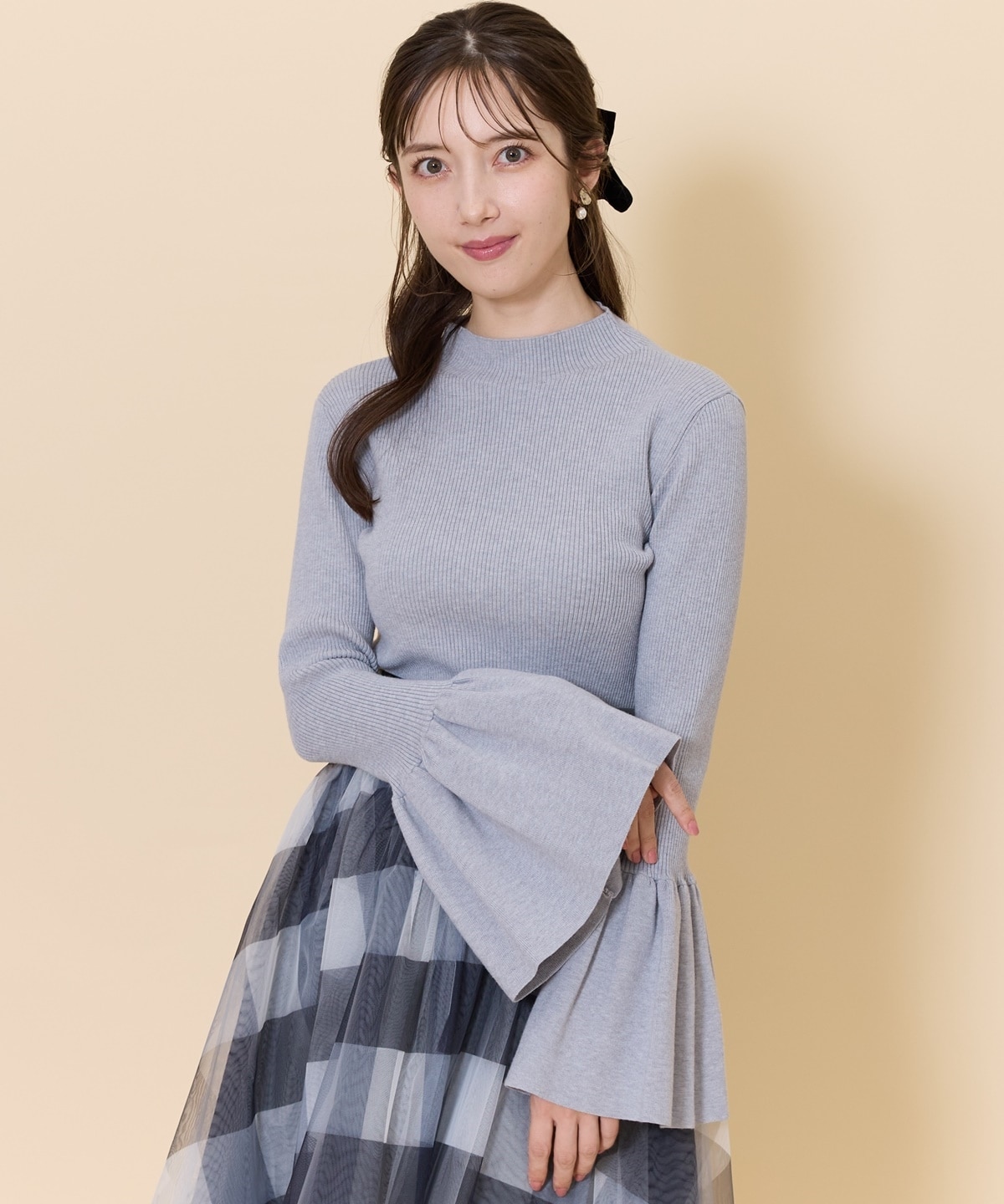 フレアスリーブボトルネックニットプルオーバー