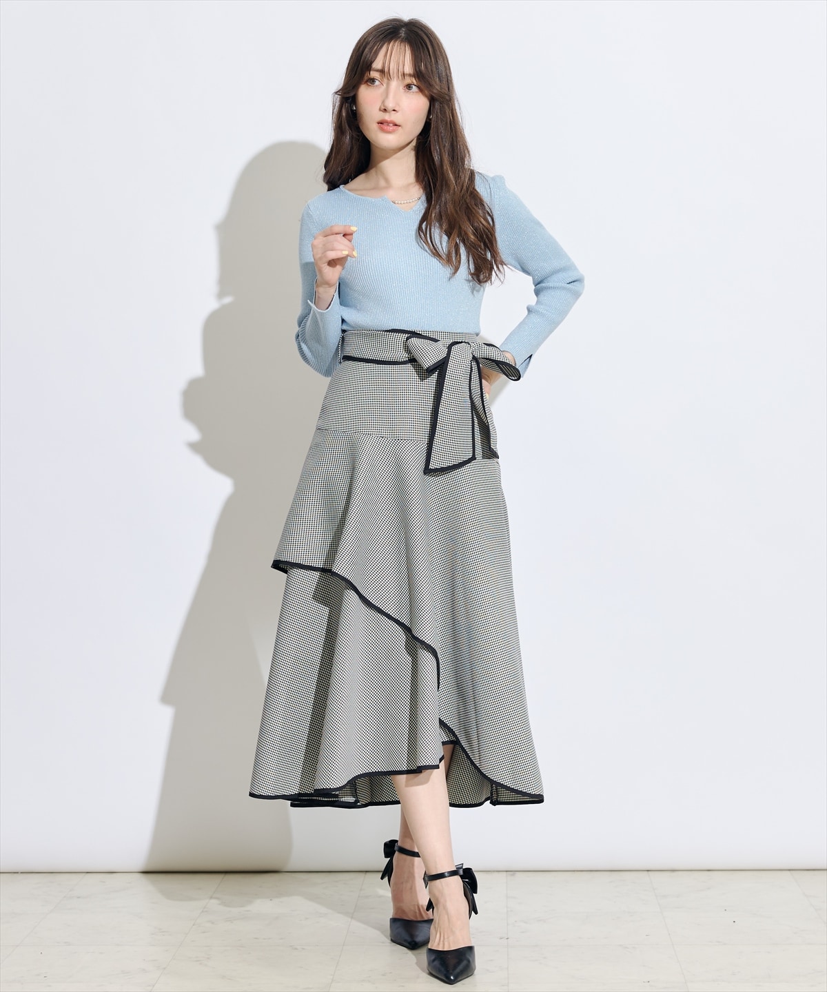 リボンベルトアシメフレアパイピングスカート