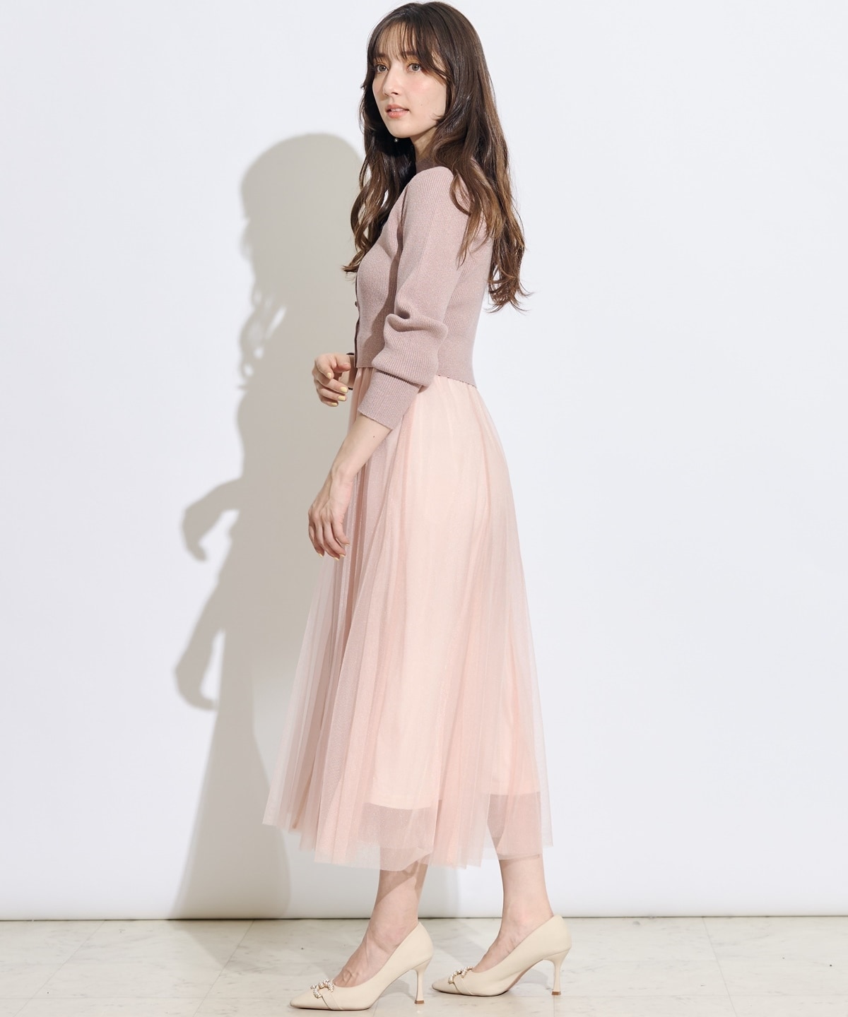 【展示会３位】カーディガンアンサンブルラメニットドッキングワンピース