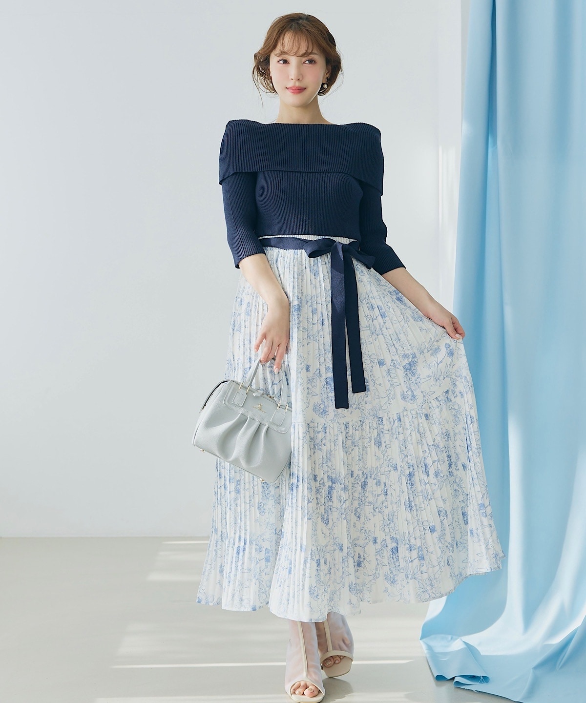 オフショルニットドッキングプリーツワンピース