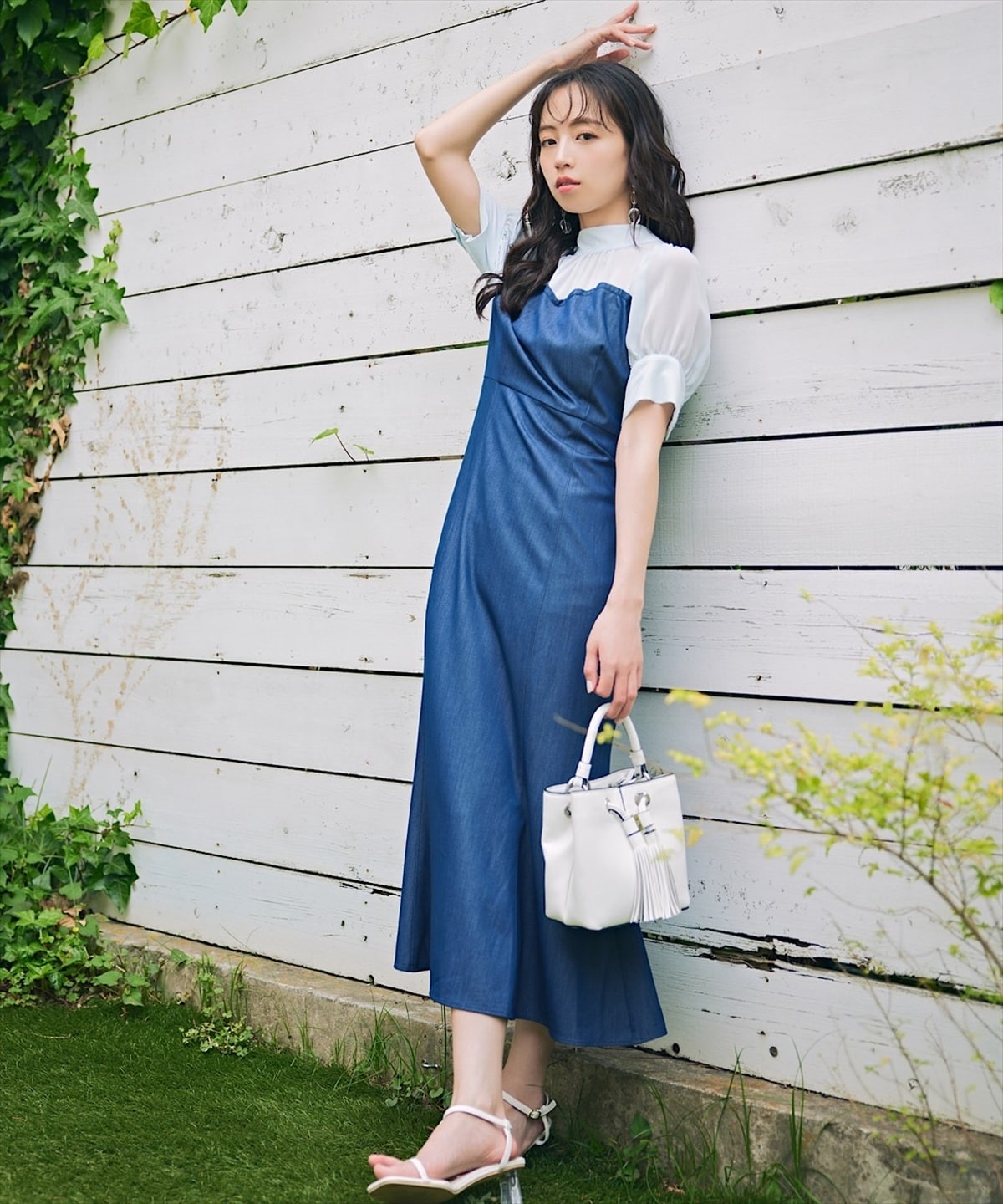 バックリボン異素材ドッキングマーメイドデニムワンピース