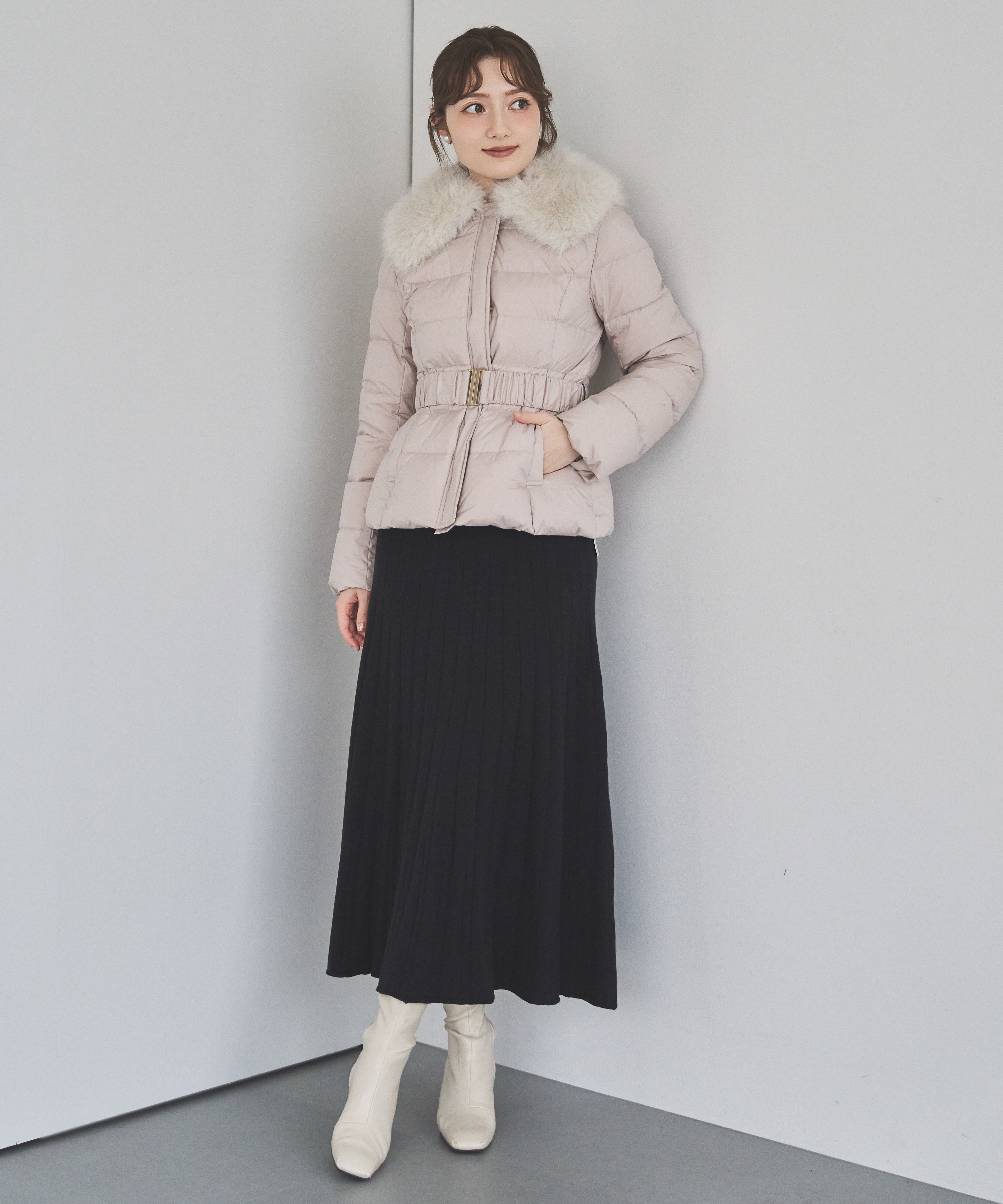 ベルト付エコファー襟ショートダウン