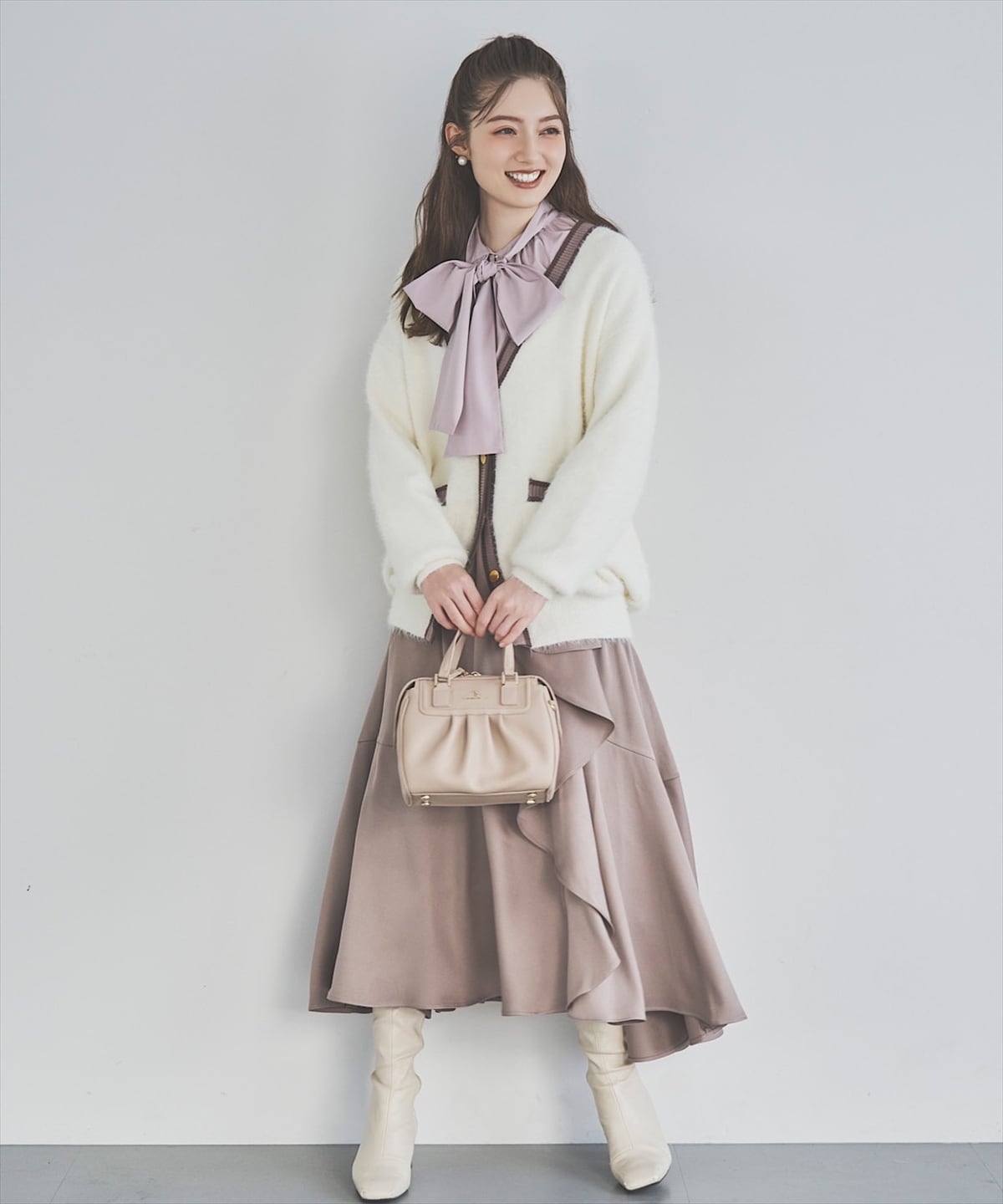 配色シャギーニットカーディガン