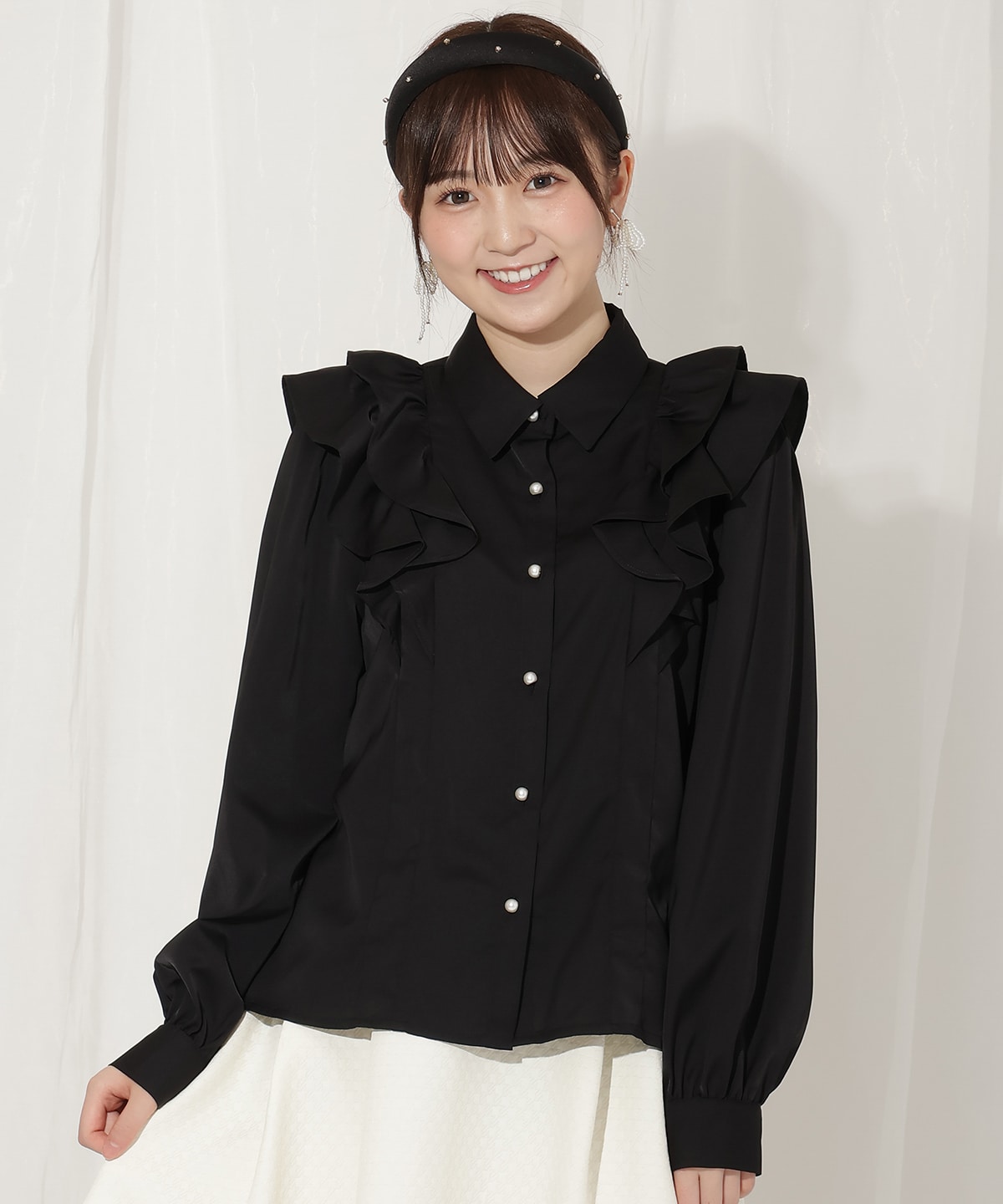 ダブルフリルリボンタイブラウス