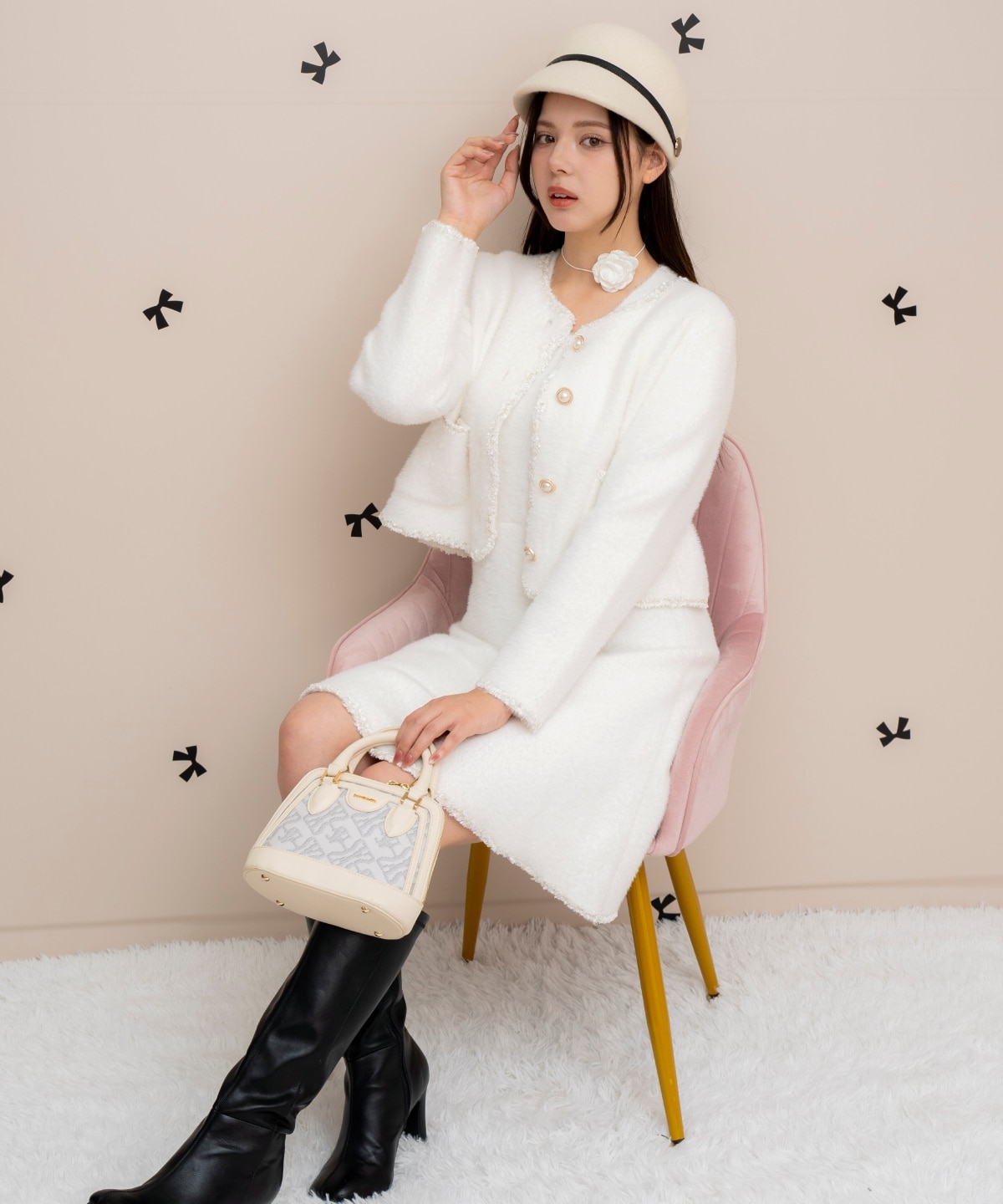 ブレード付きフェザーヤーンジャケット×ワンピース