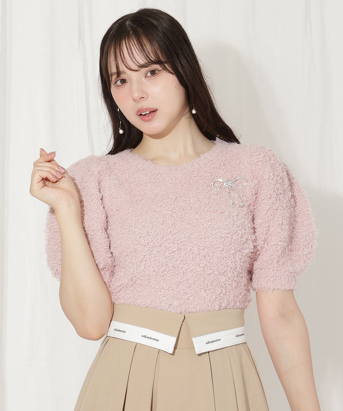 リボンブローチ付きテディヤーンニット