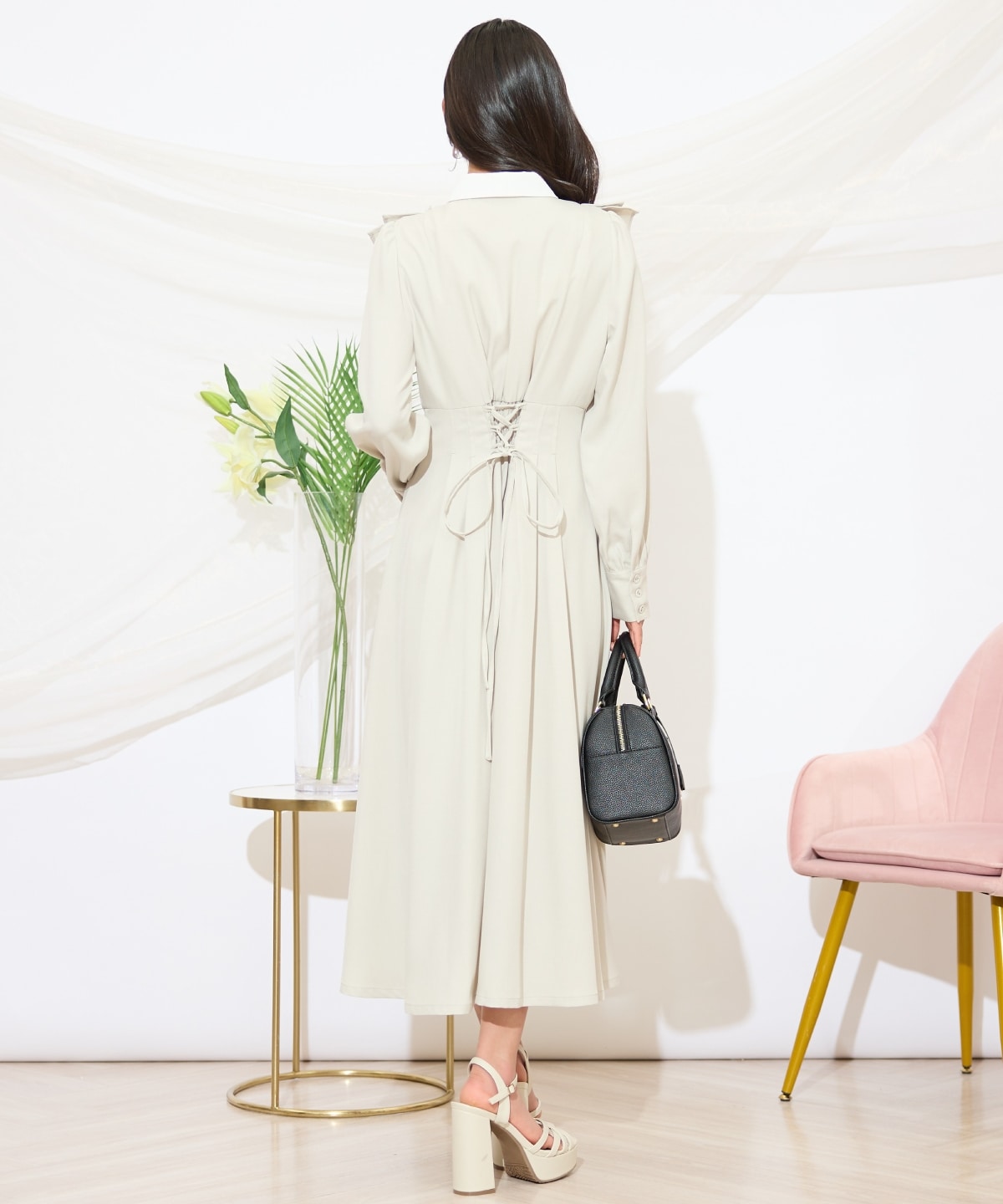 配色襟ダブルフリルシャツワンピース