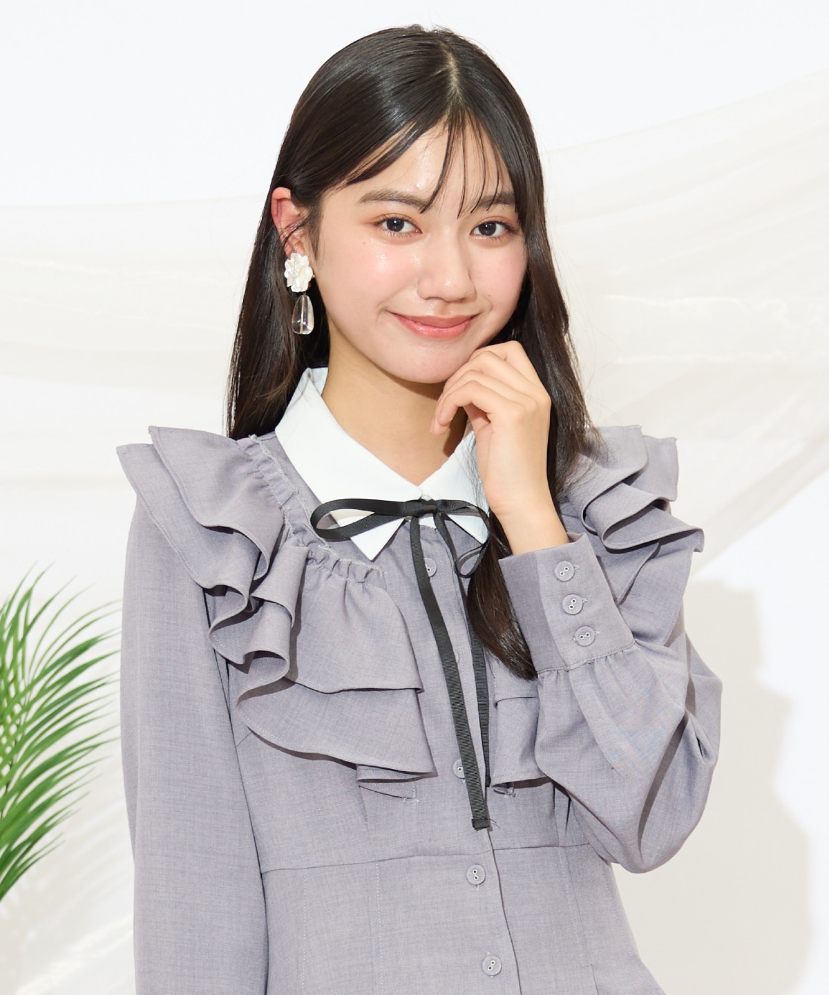 配色襟ダブルフリルシャツワンピース