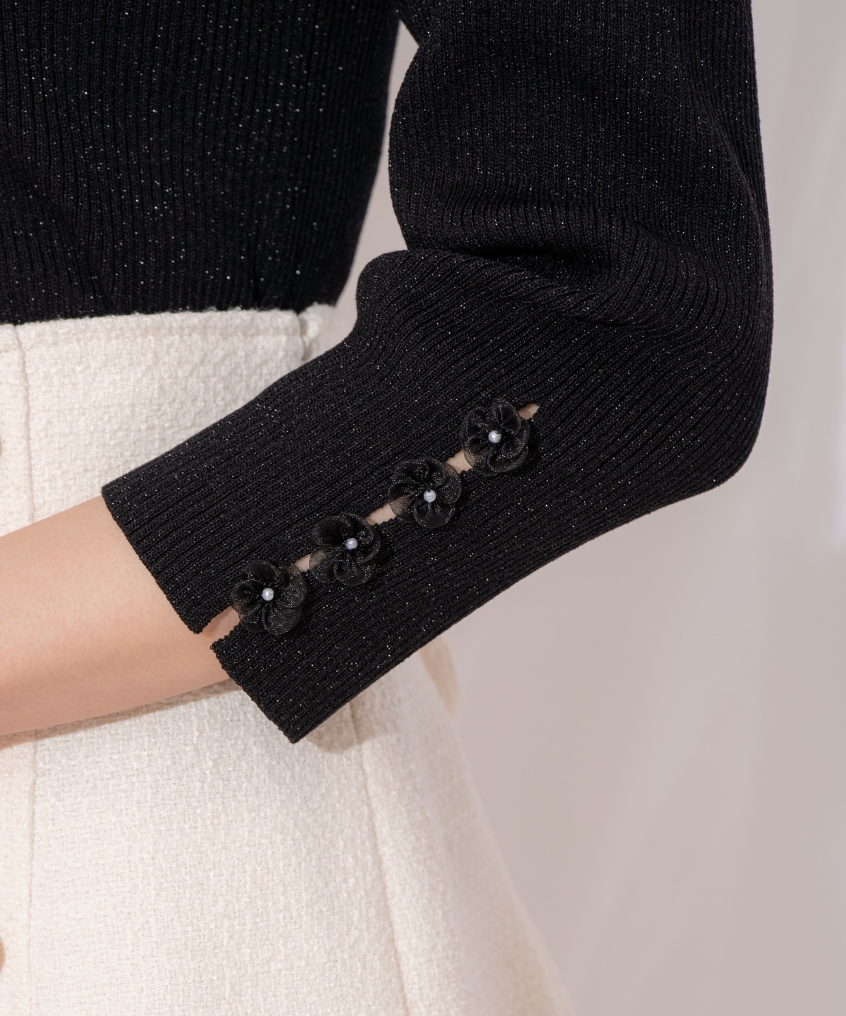 袖フラワーラメ7分袖ニットプルオーバー