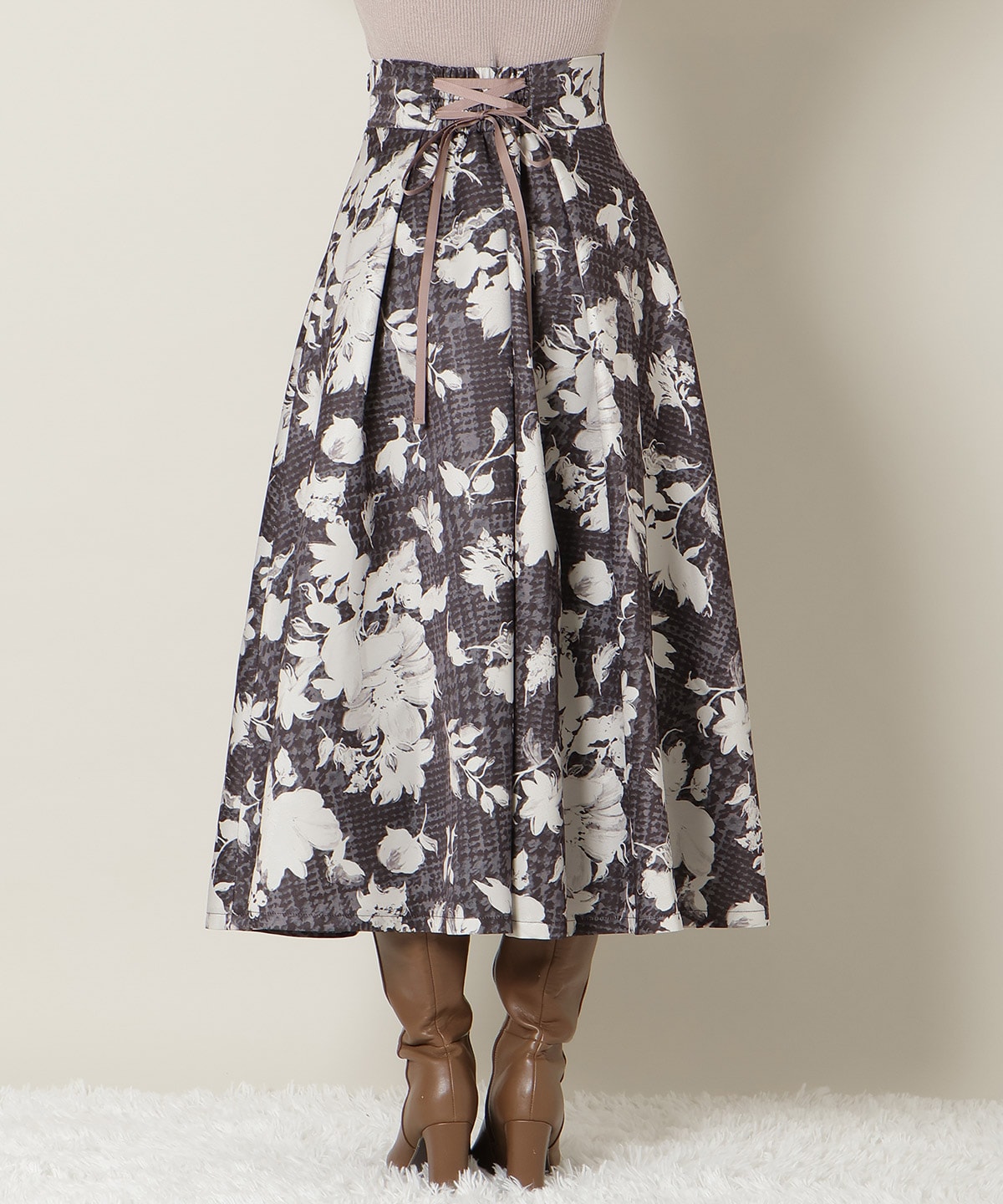 千鳥フラワープリントボリュームタックスカート