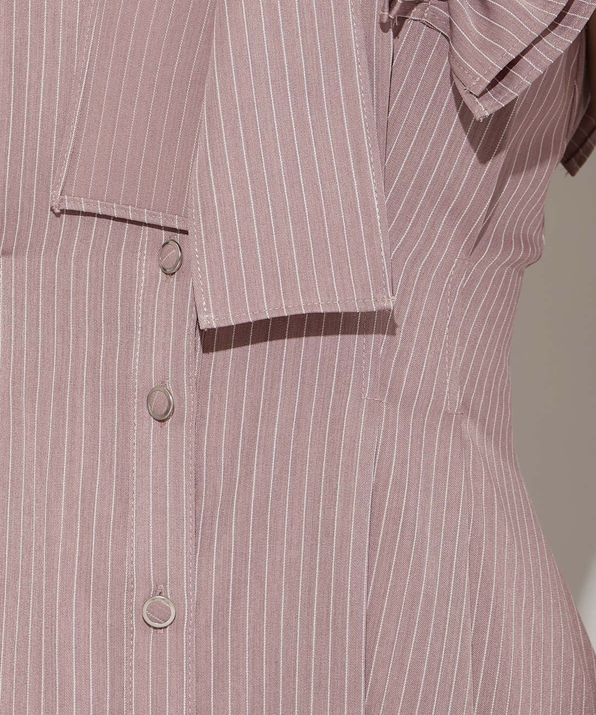 フリルスリーブリボンタイシャツワンピース(F ピンクストライプ