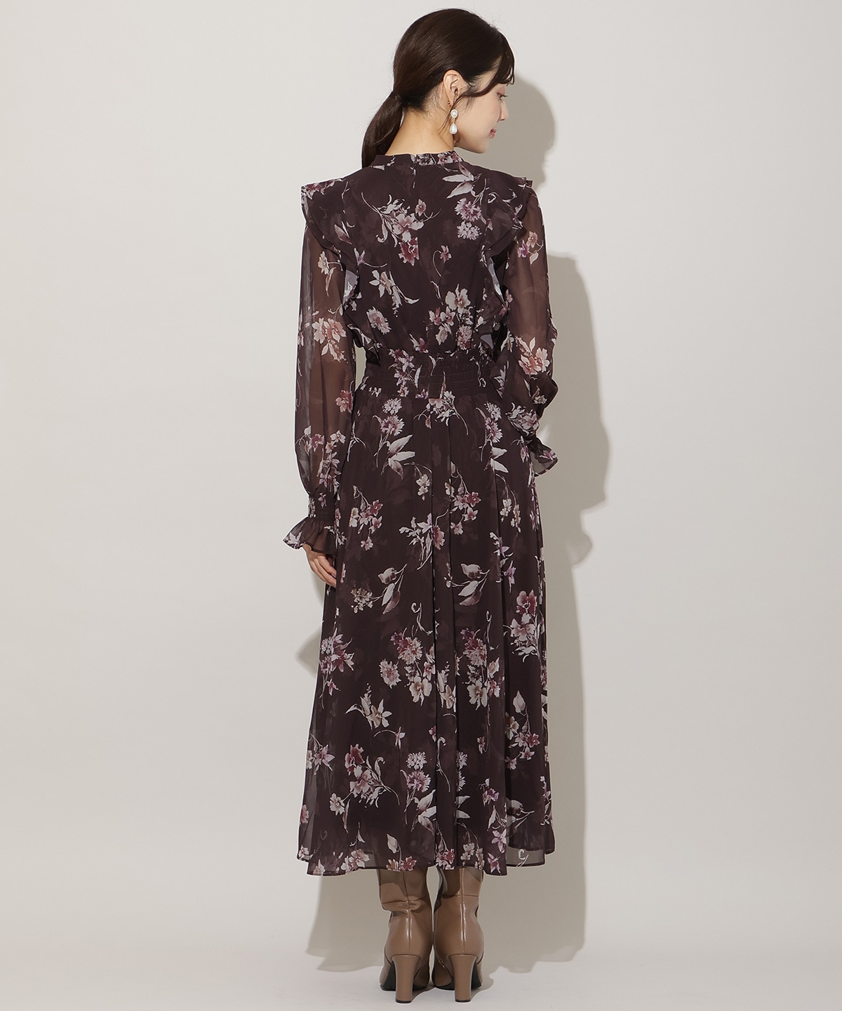 フラワープリントウエストシャーリングワンピース