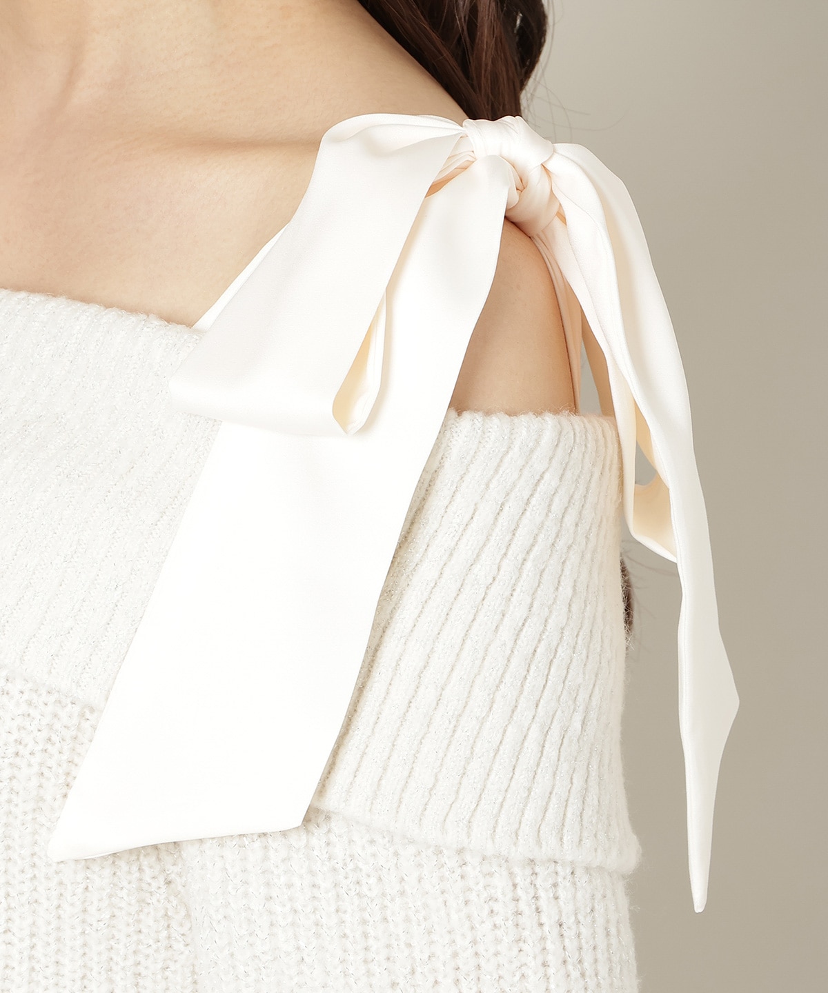 リボンショルダーオフショルニットワンピース