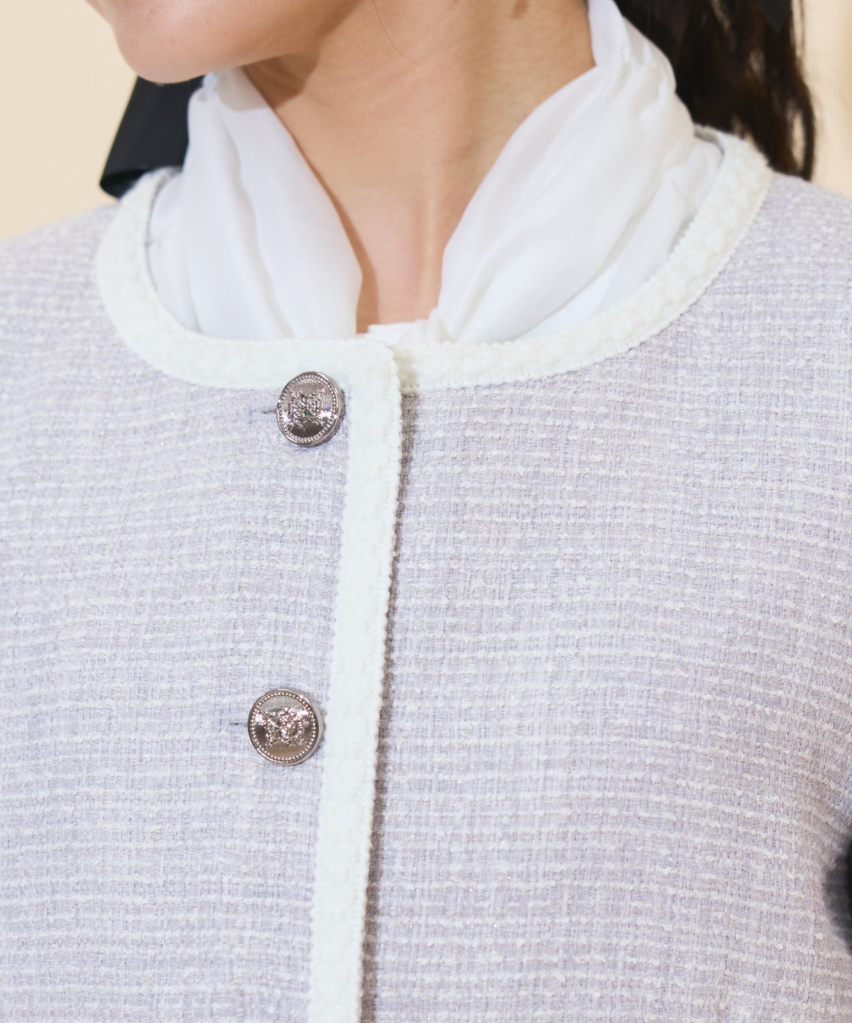 ブレードデザインノーカラーツイードジャケット