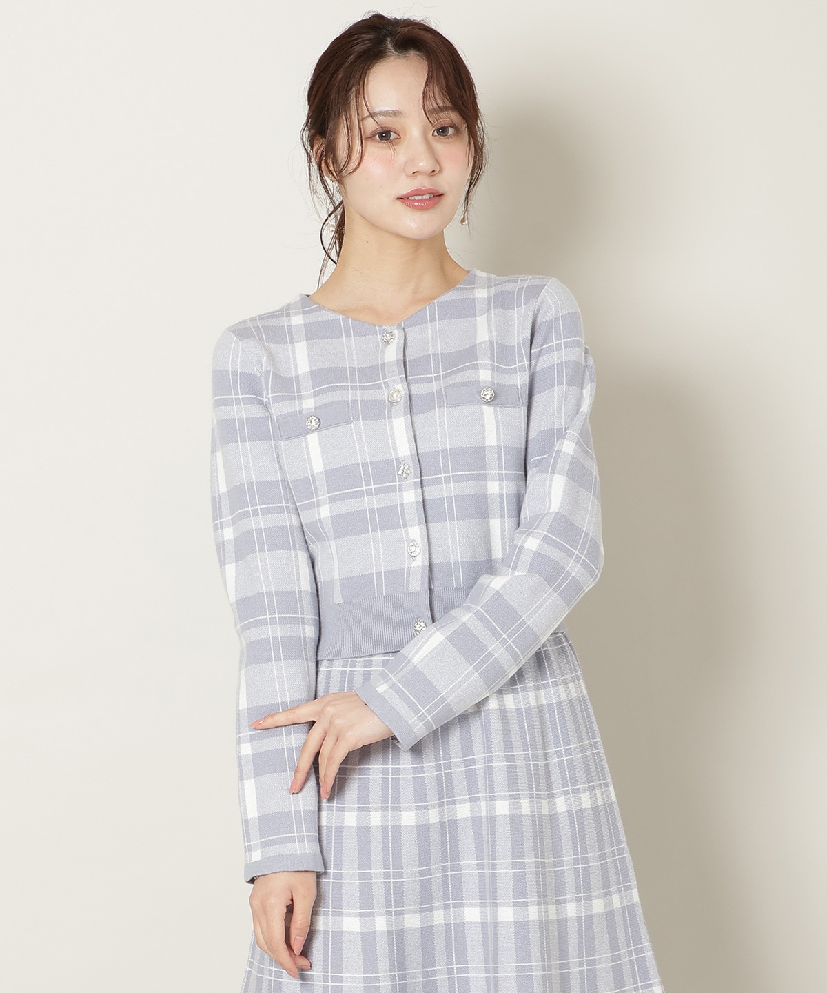 【新色追加】チェック柄ファーカフスカーディガン