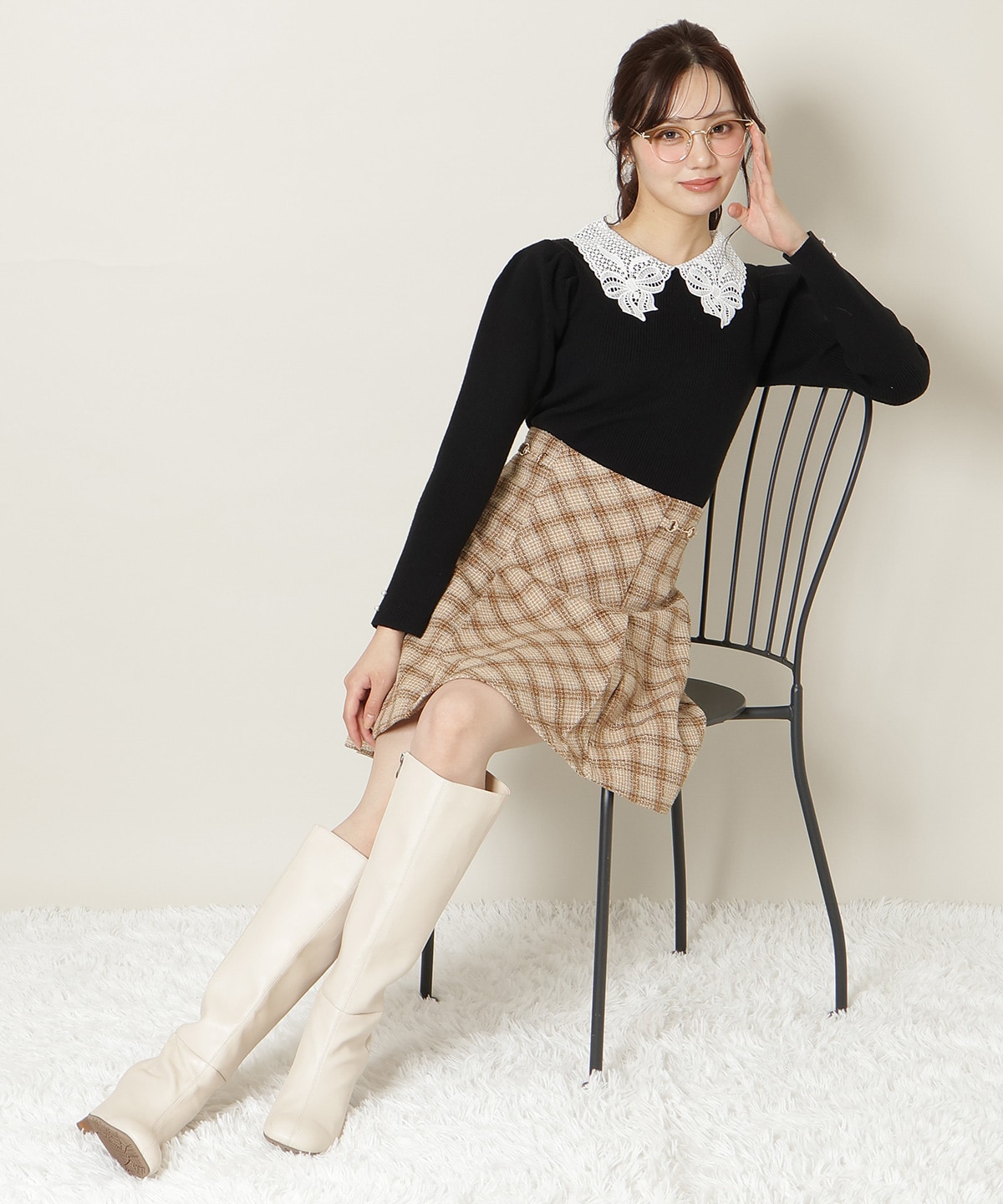 リボンレースカラータックスリーブニット