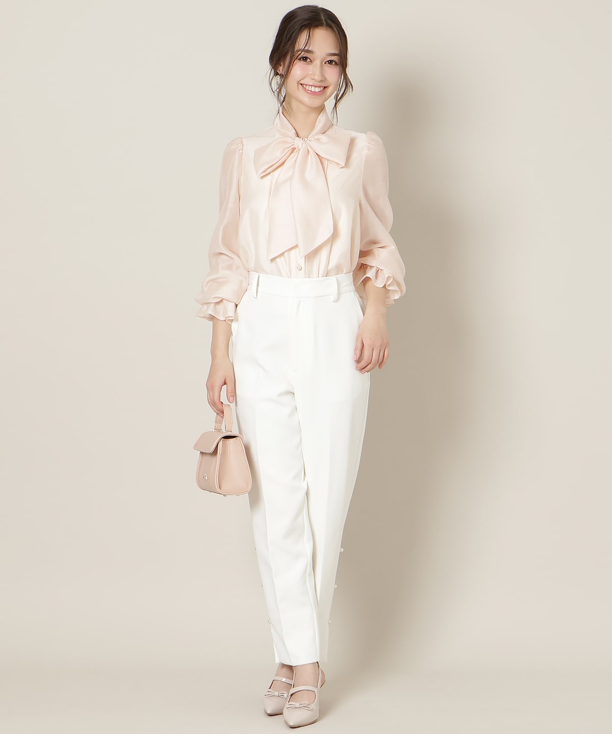 フリルスリーブシアーボウタイブラウス