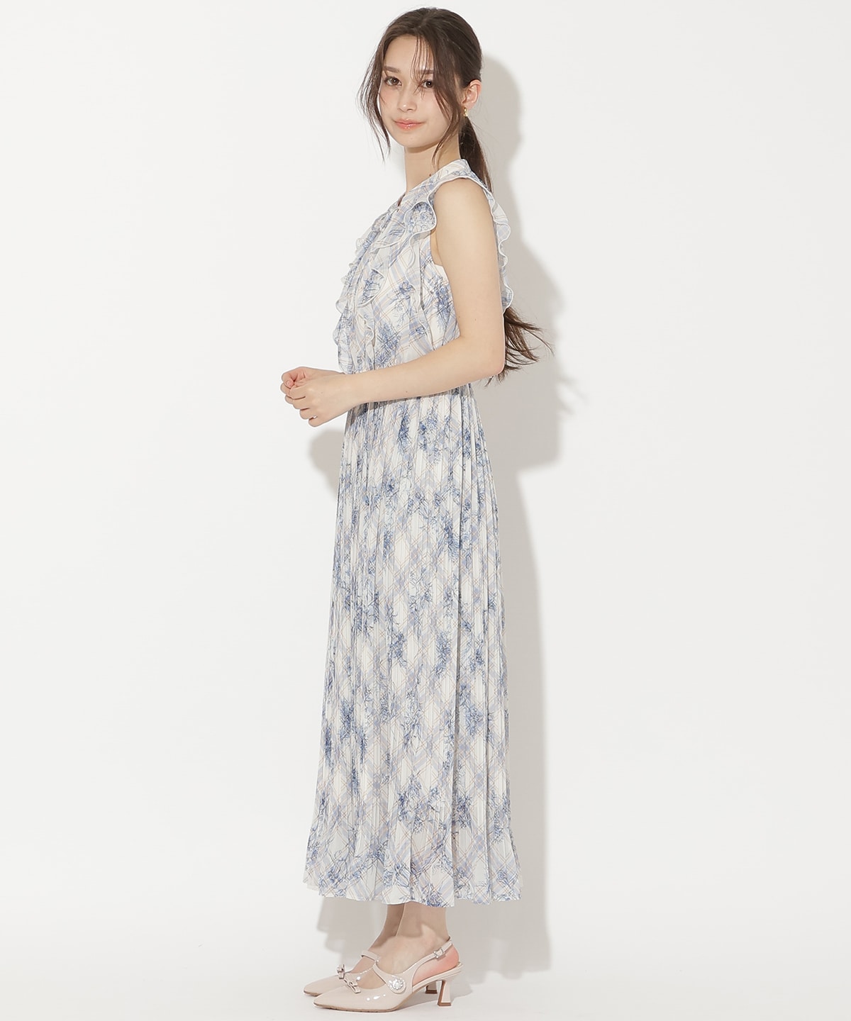 フラワーチェックプリントプリーツ切替ワンピース