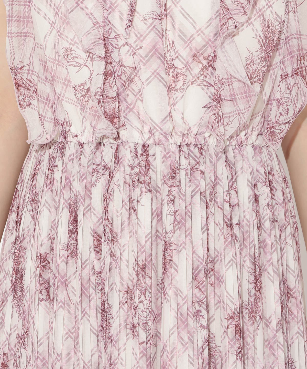 フラワーチェックプリントプリーツ切替ワンピース