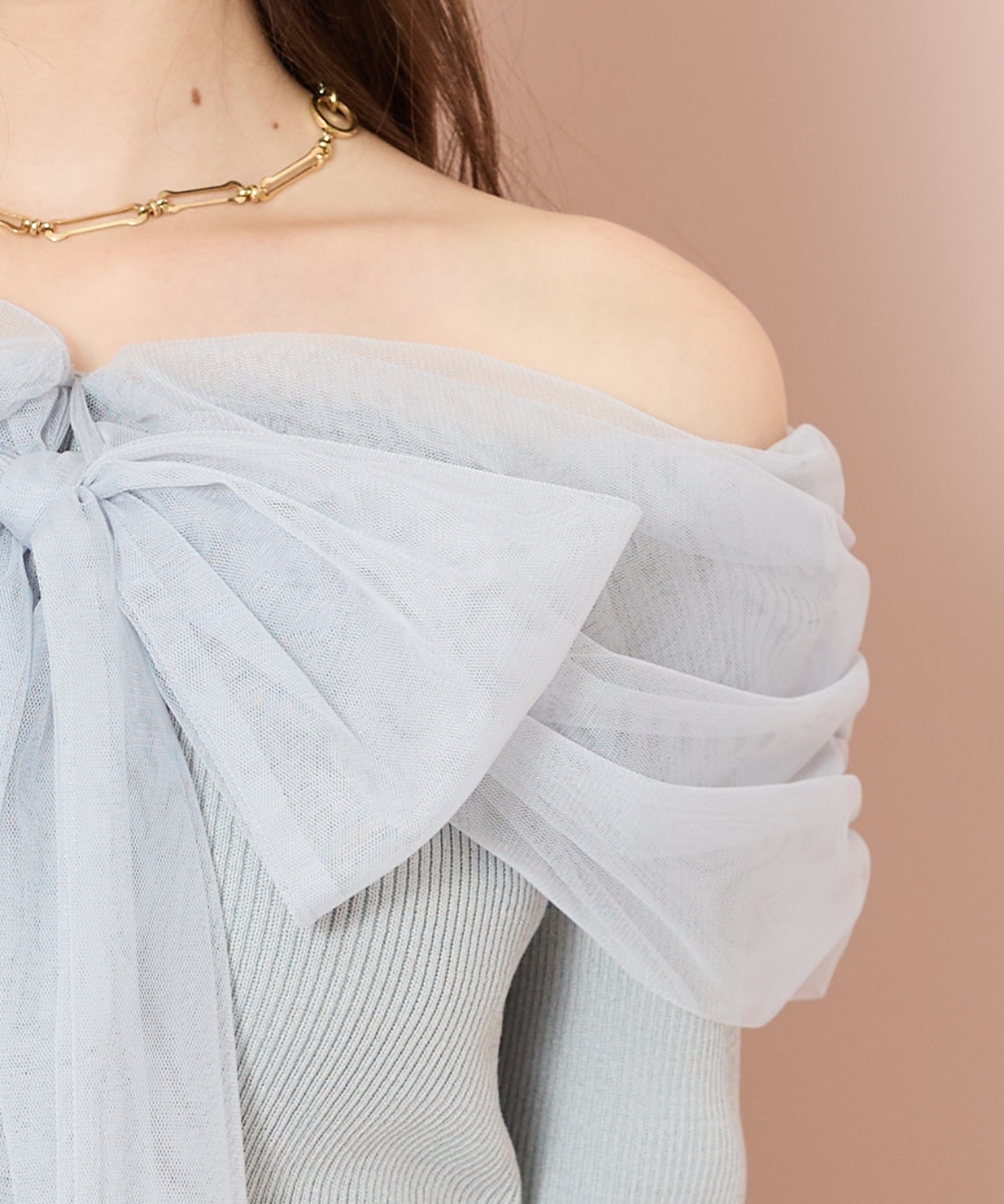 リボンチュールレイヤードリブニット