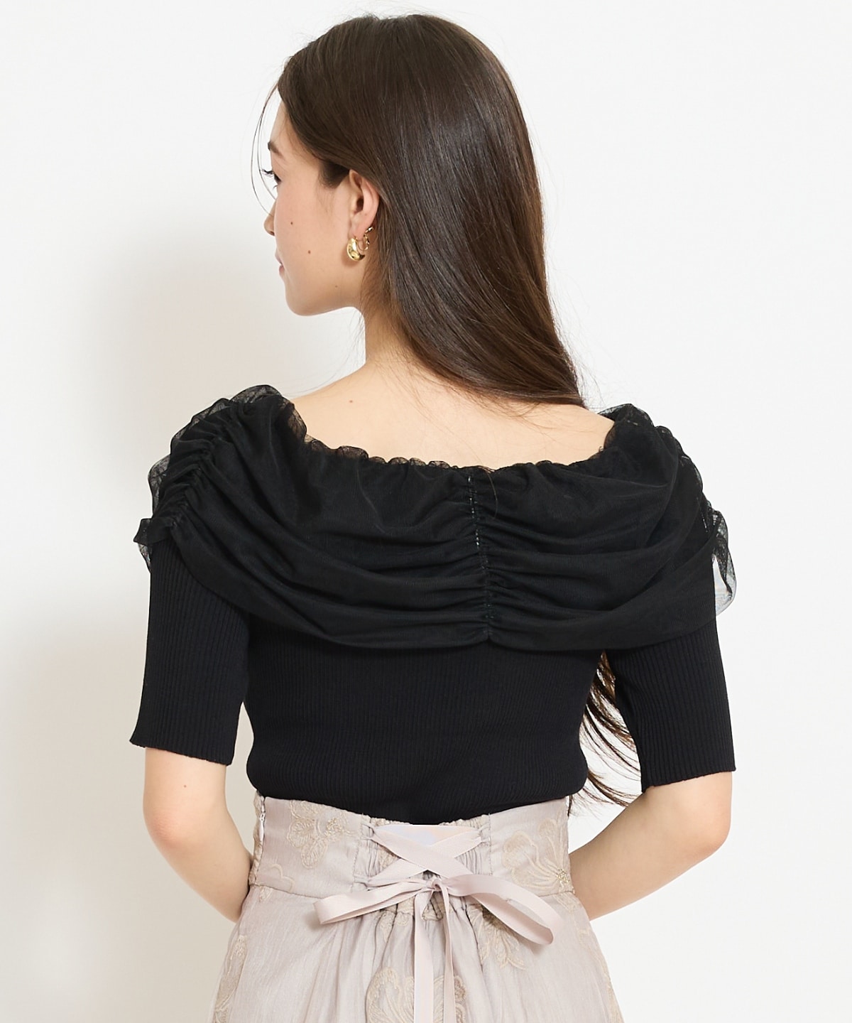 リボンチュールレイヤードリブニット