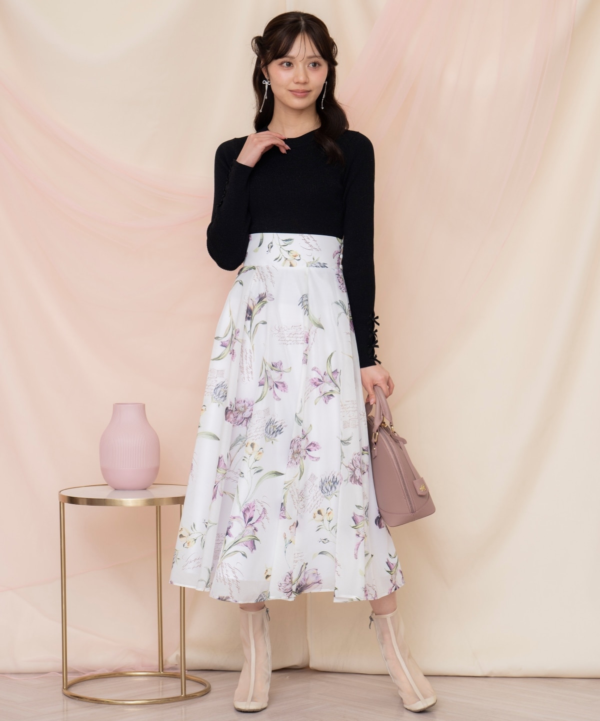 袖リボンラメリブニット