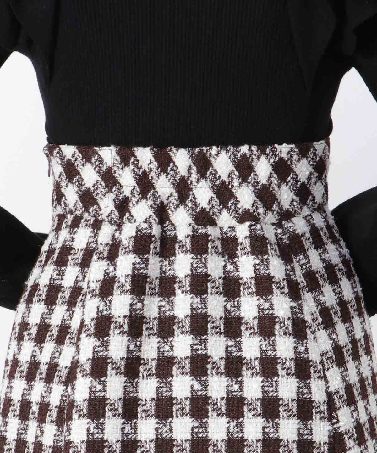 ブロックチェックツイード裾フリンジスカート