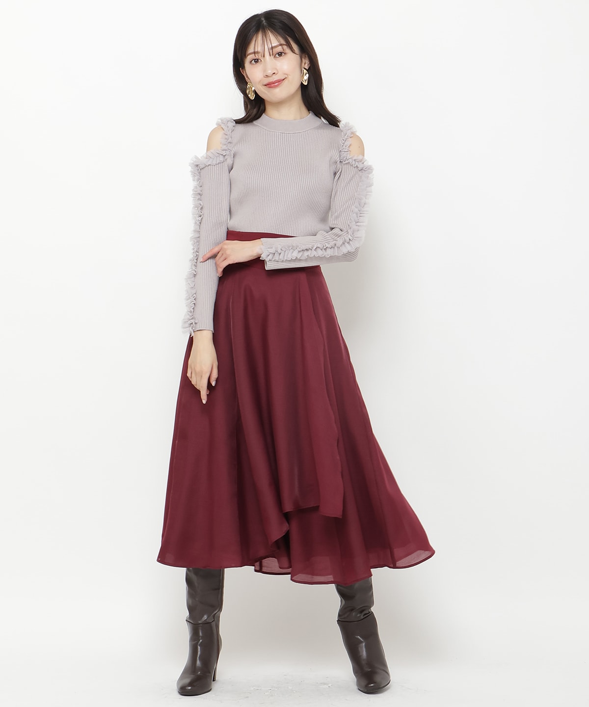 チュールフリルオフショルニットプルオーバー
