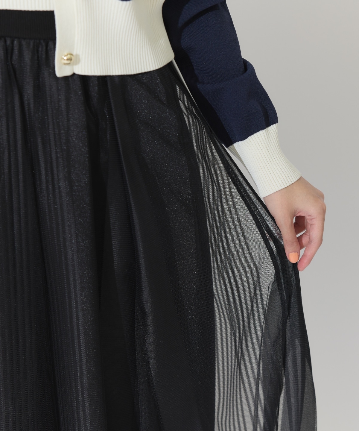 ウエストリブサイドラインストライプ×チュールロングスカート