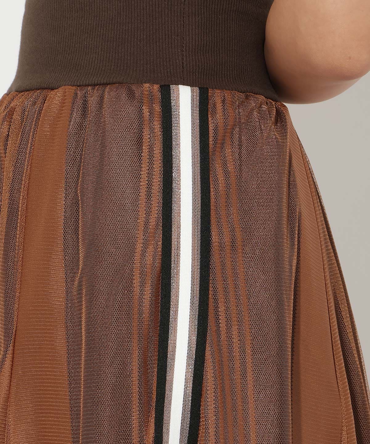 ウエストリブサイドラインストライプ×チュールロングスカート