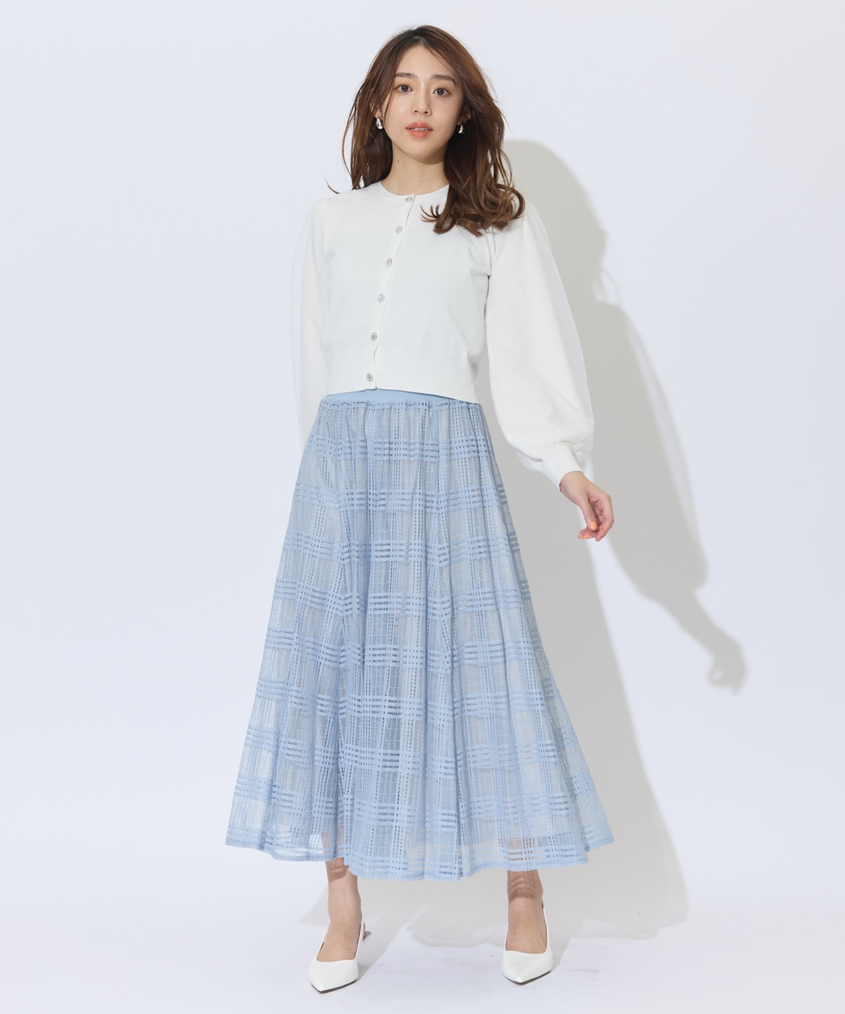 ウエストリブメッシュチェックロングスカート