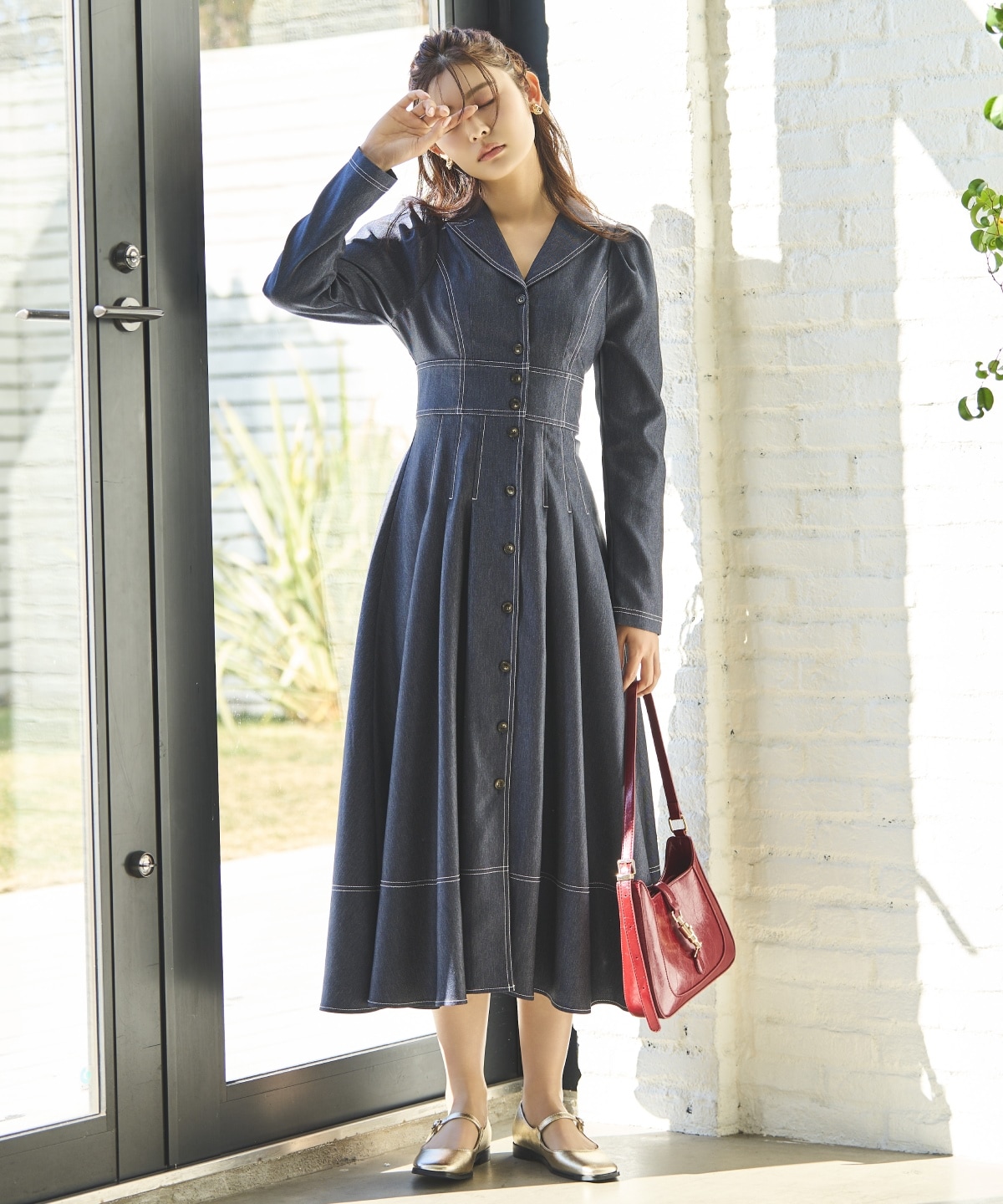 デニムライク前ボタンワンピース