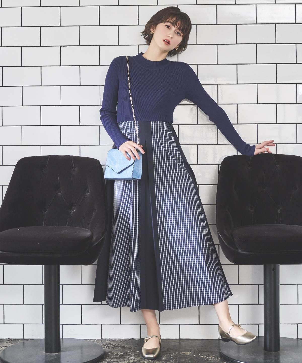 チェックドッキング配色ワンピース