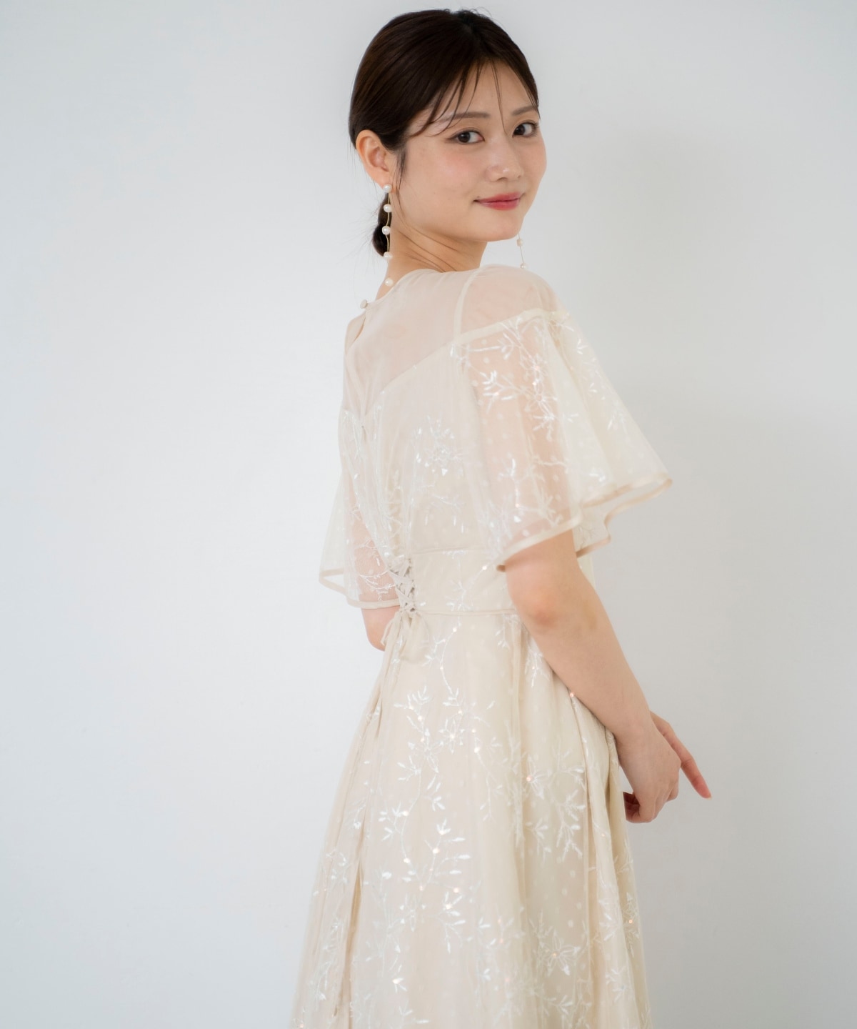 小花柄刺繍ドットチュールドレス