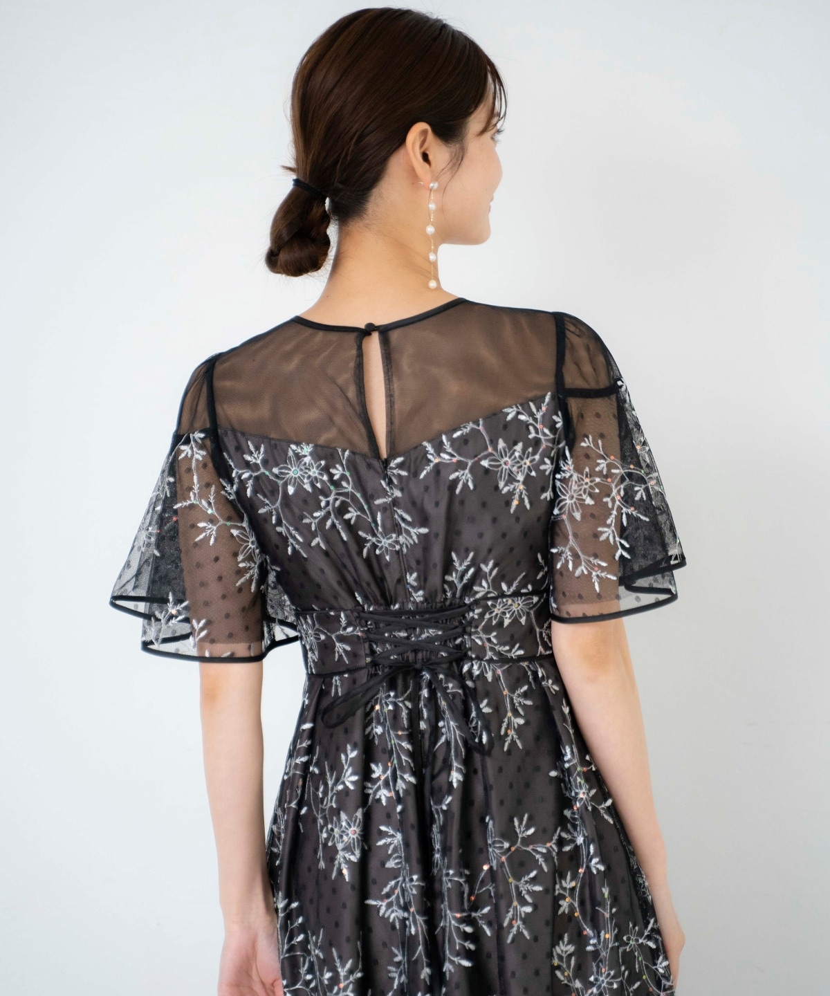 小花柄刺繍ドットチュールドレス