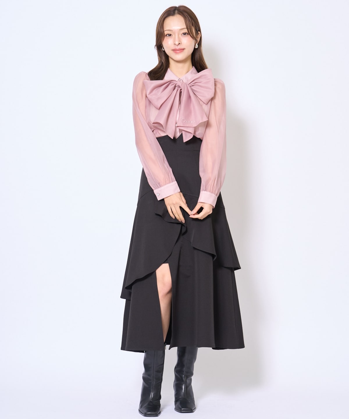 バタフライリボンシアー長袖ブラウス