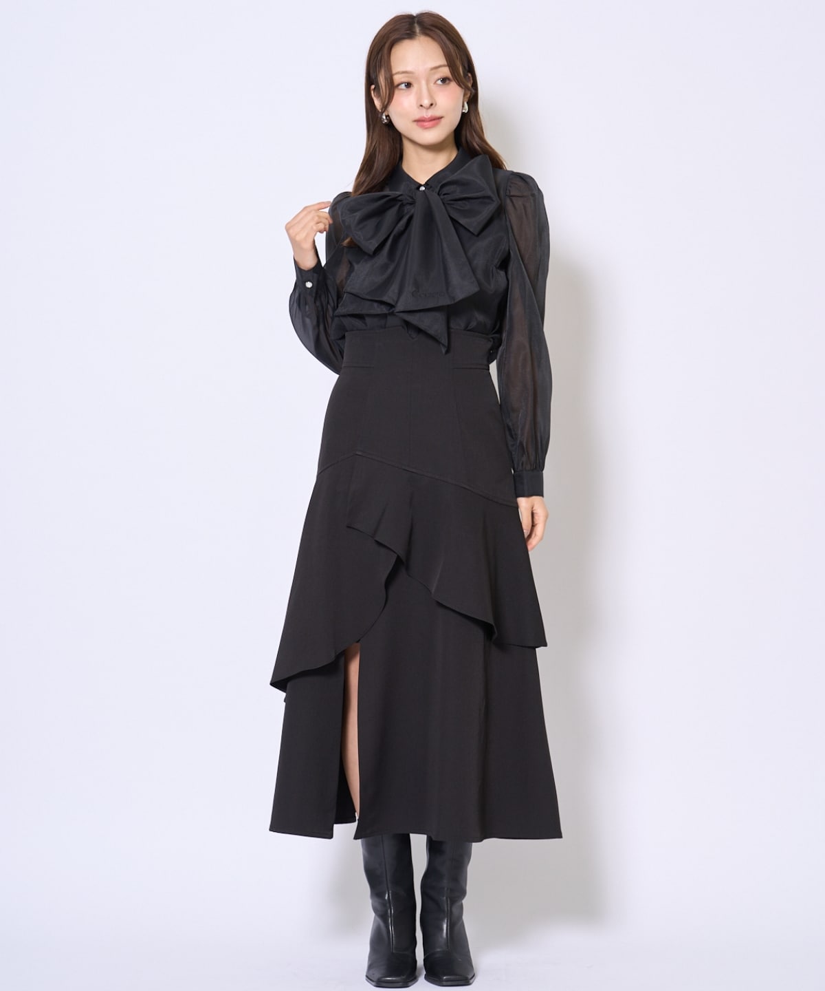 バタフライリボンシアー長袖ブラウス