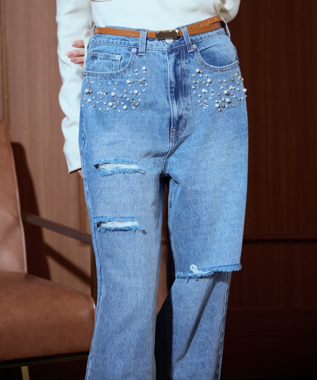 パール×ビジューダメージデニム