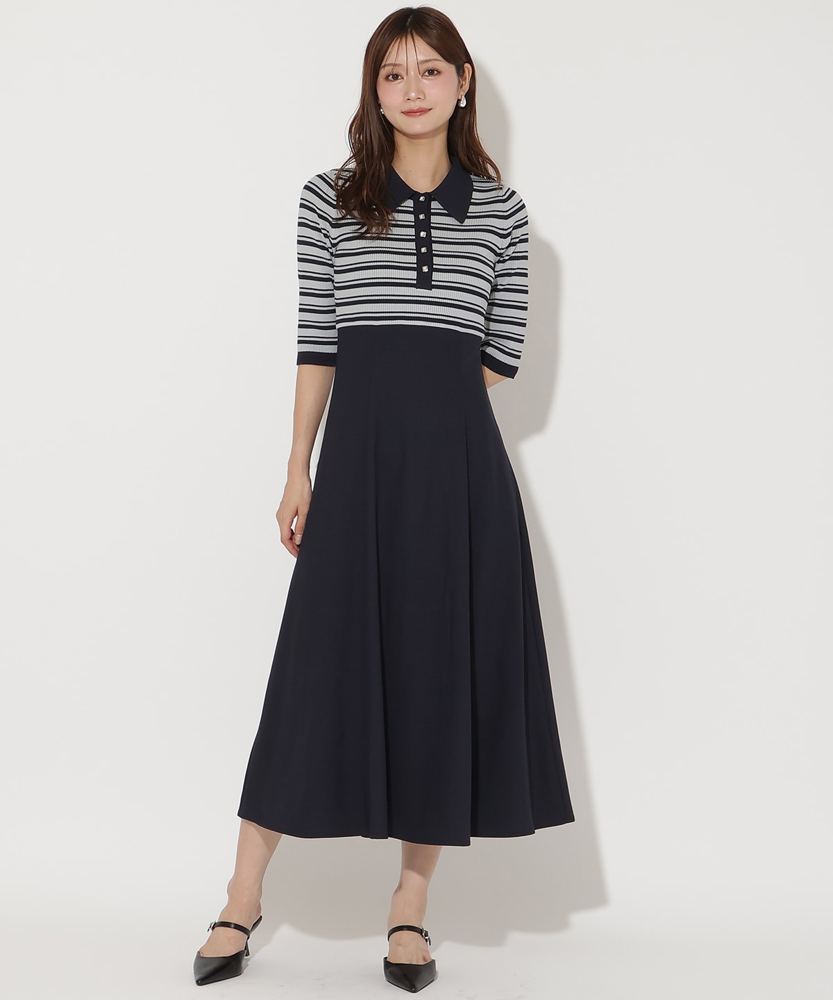 襟付きボーダードッキングワンピース