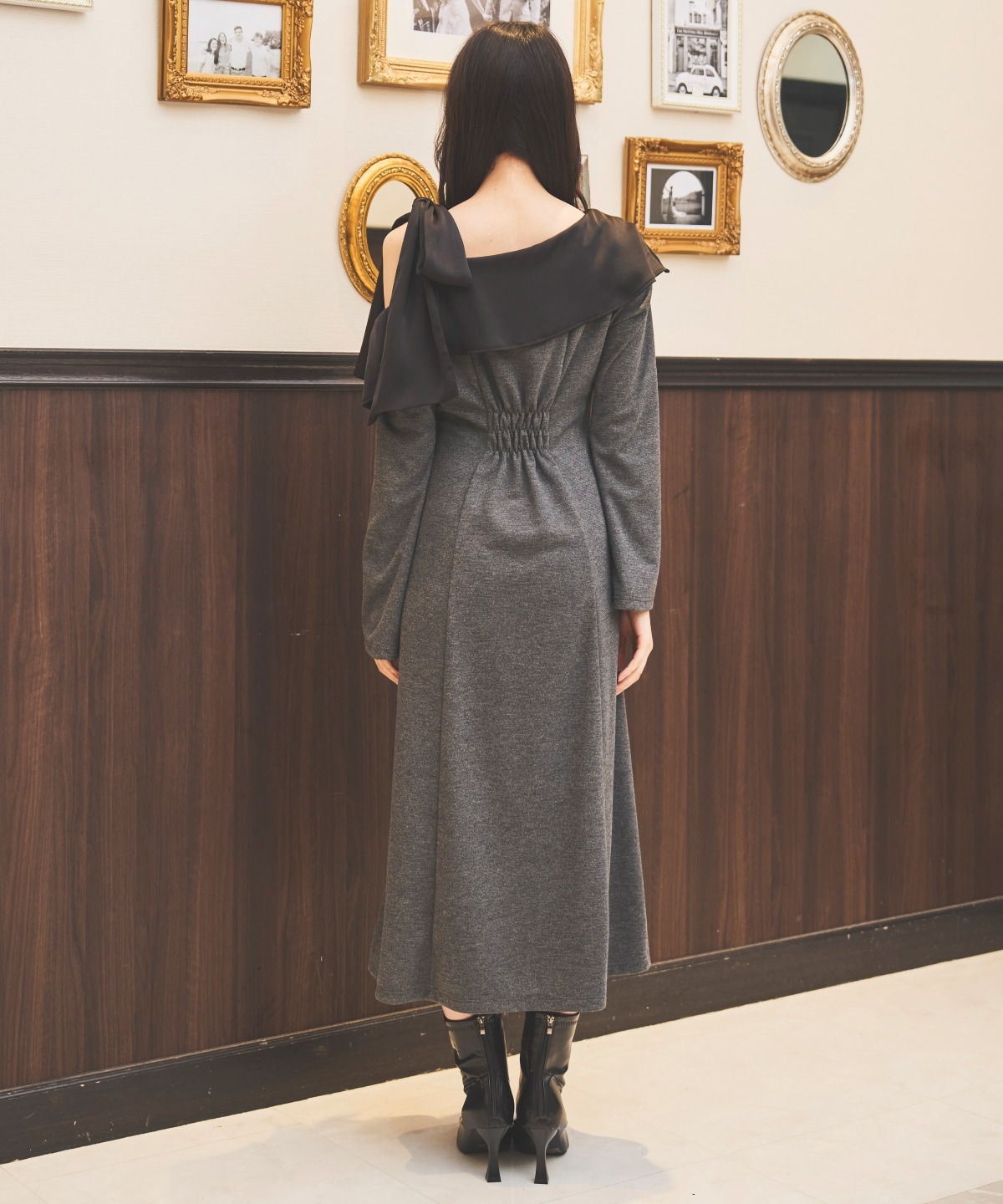 ショルダーリボンカットソーワンピース