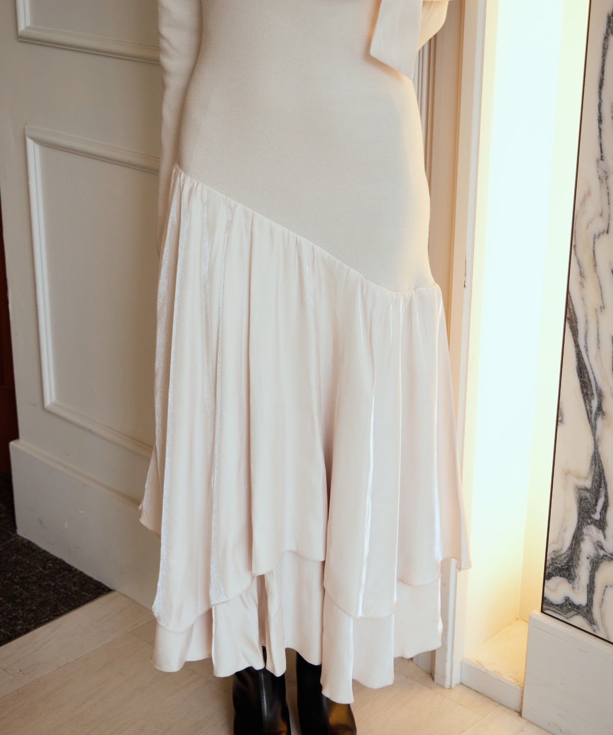 ショルダーリボンニットドッキングワンピース