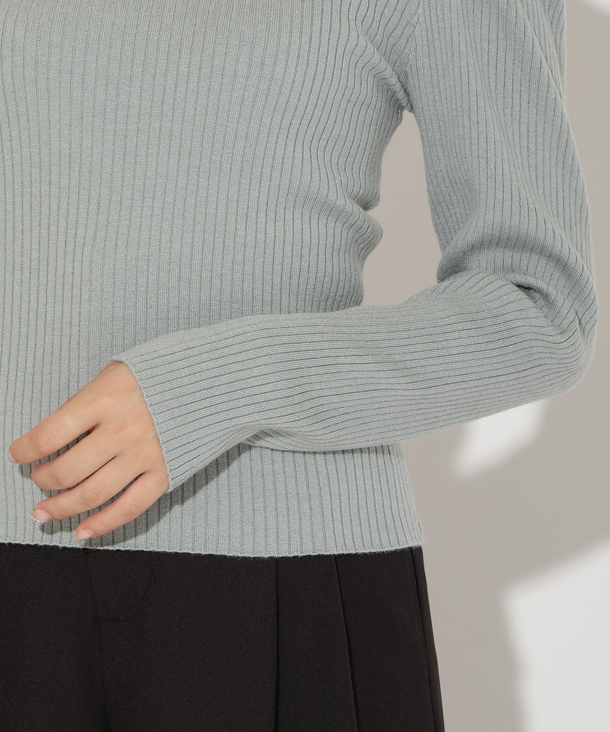 肩ギャザーハイネックリブニット