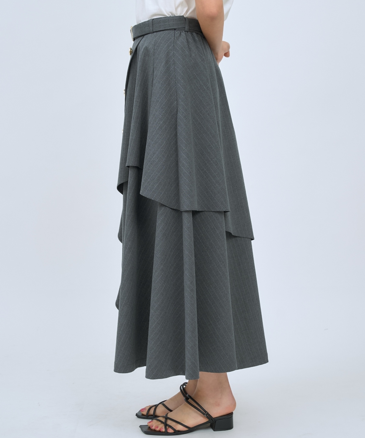 ベルト付きレイヤードデザインフレアスカート