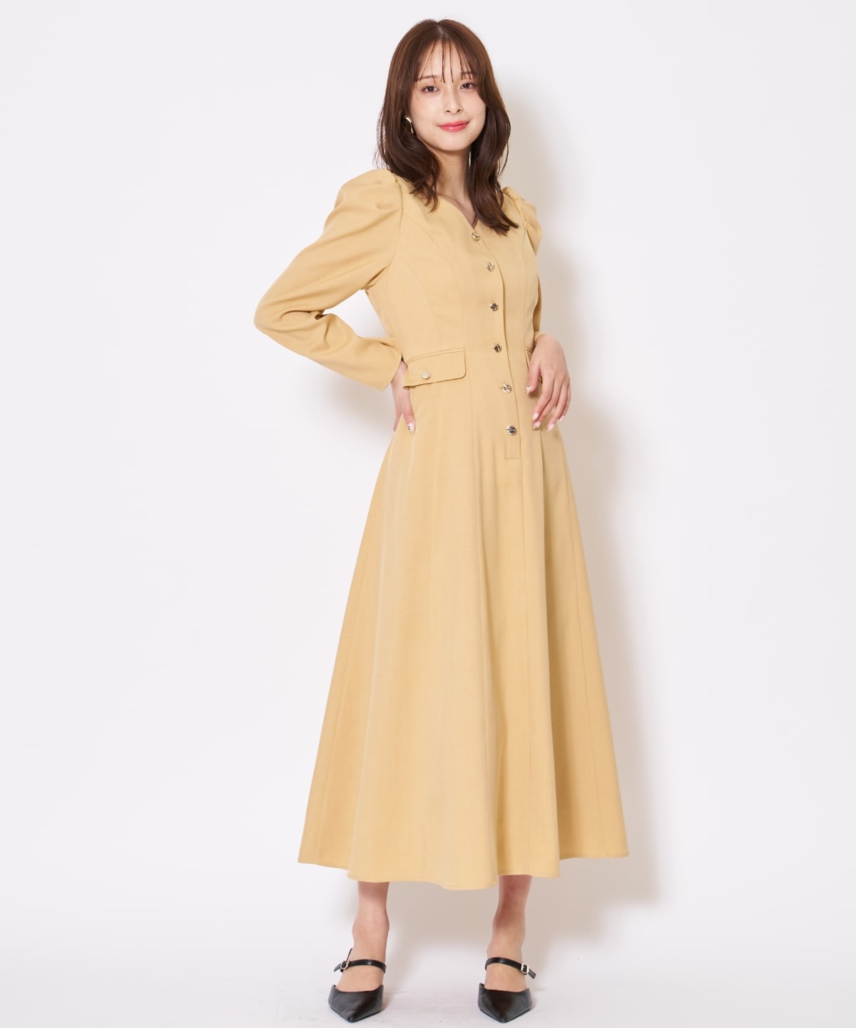 【先行予約受付中】Vネックパフスリーブワンピース